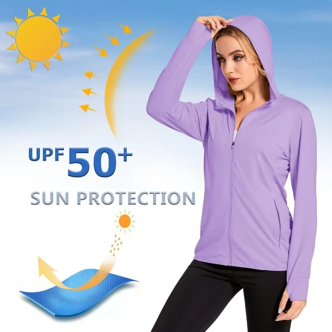KEFITEVD Women's UPF 50  Sun Protection Light Jackets Full Zip Up Long Sleeve Sun Hoodie Outdoor Performance Hiking Shirts