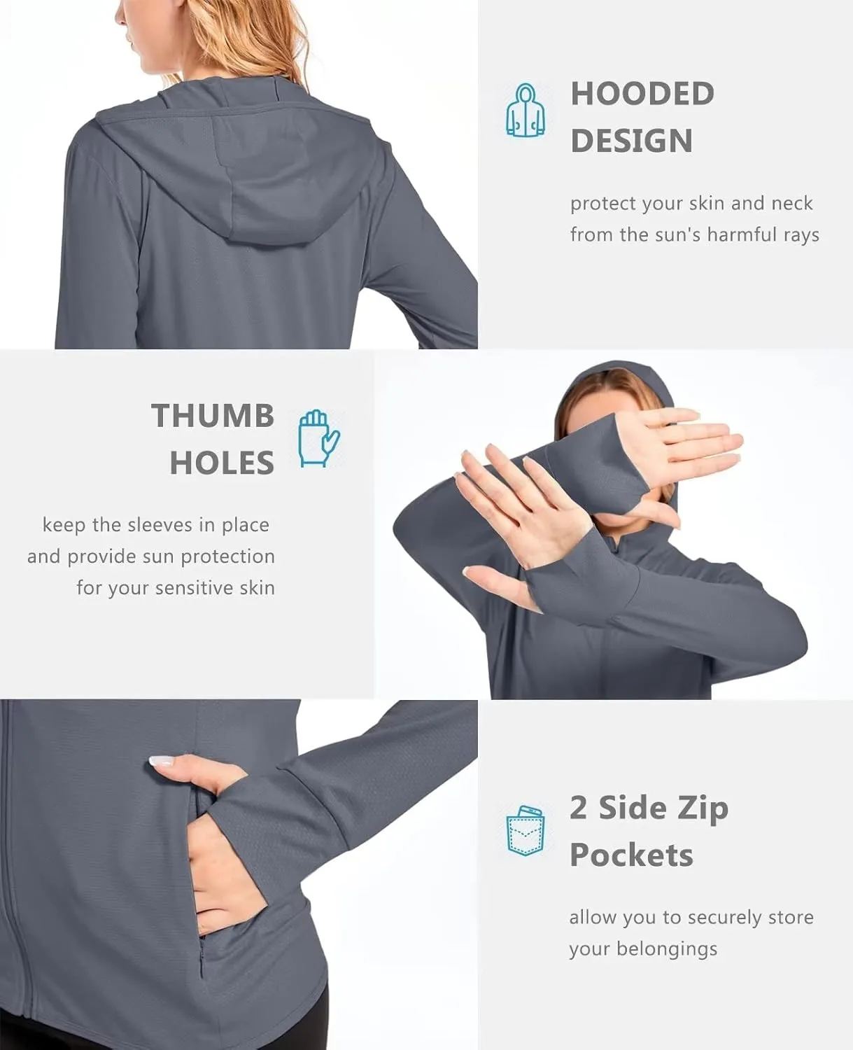 KEFITEVD Women's UPF 50  Sun Protection Light Jackets Full Zip Up Long Sleeve Sun Hoodie Outdoor Performance Hiking Shirts