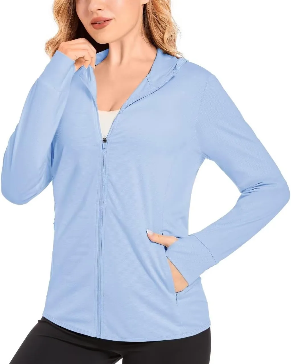 KEFITEVD Women's UPF 50  Sun Protection Light Jackets Full Zip Up Long Sleeve Sun Hoodie Outdoor Performance Hiking Shirts