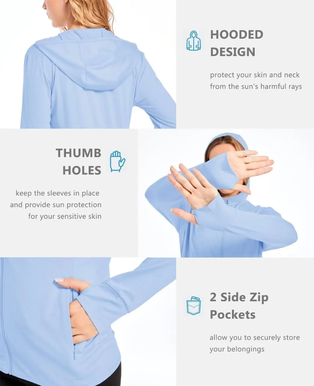 KEFITEVD Women's UPF 50  Sun Protection Light Jackets Full Zip Up Long Sleeve Sun Hoodie Outdoor Performance Hiking Shirts