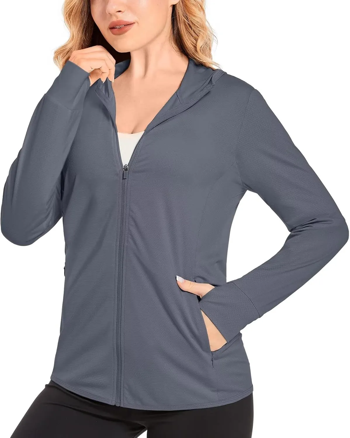 KEFITEVD Women's UPF 50  Sun Protection Light Jackets Full Zip Up Long Sleeve Sun Hoodie Outdoor Performance Hiking Shirts