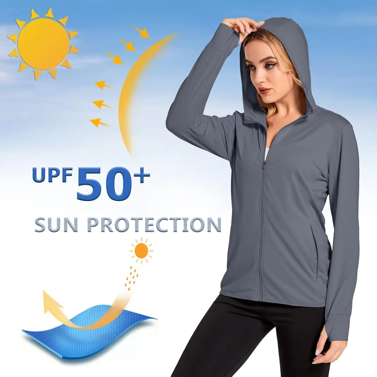 KEFITEVD Women's UPF 50  Sun Protection Light Jackets Full Zip Up Long Sleeve Sun Hoodie Outdoor Performance Hiking Shirts