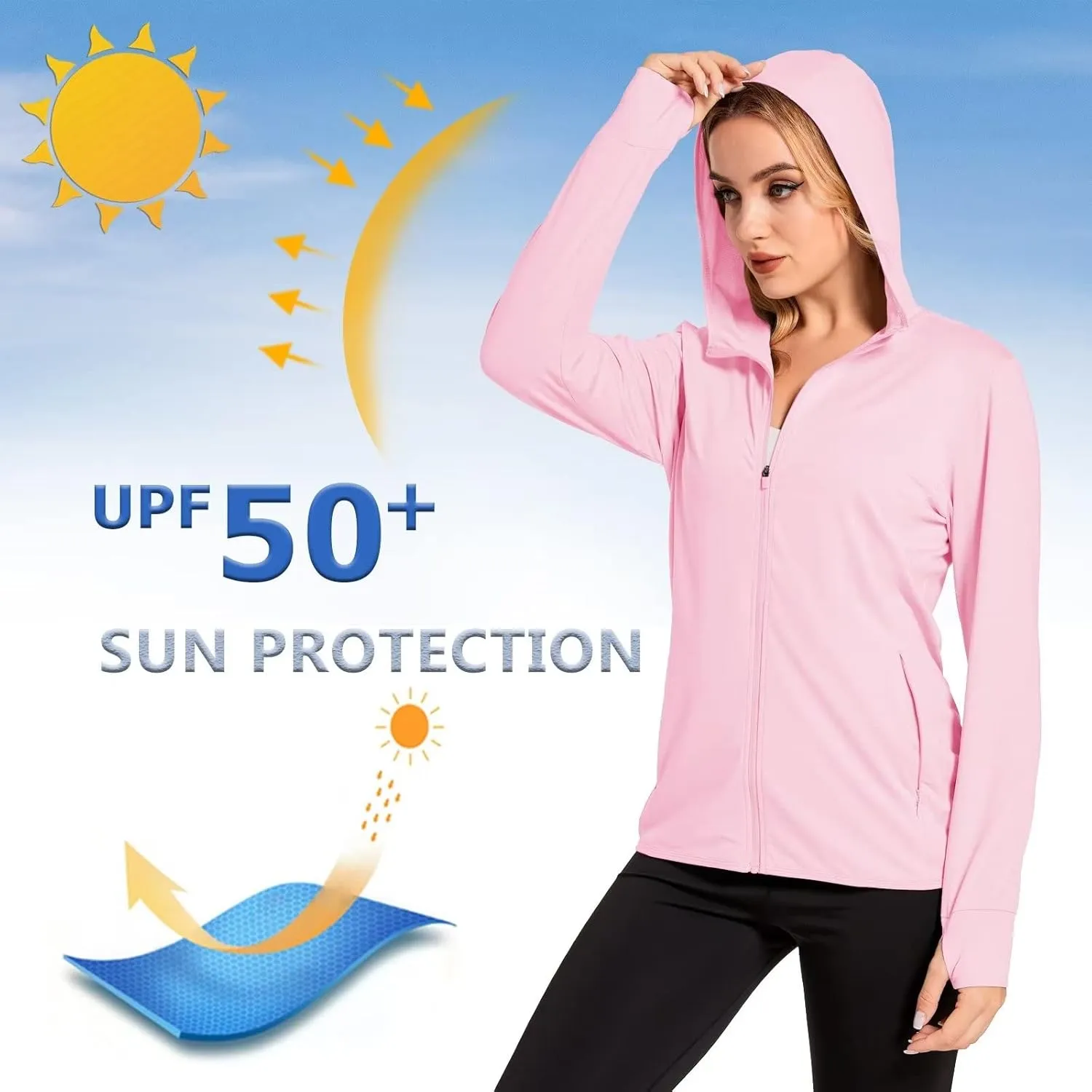 KEFITEVD Women's UPF 50  Sun Protection Light Jackets Full Zip Up Long Sleeve Sun Hoodie Outdoor Performance Hiking Shirts