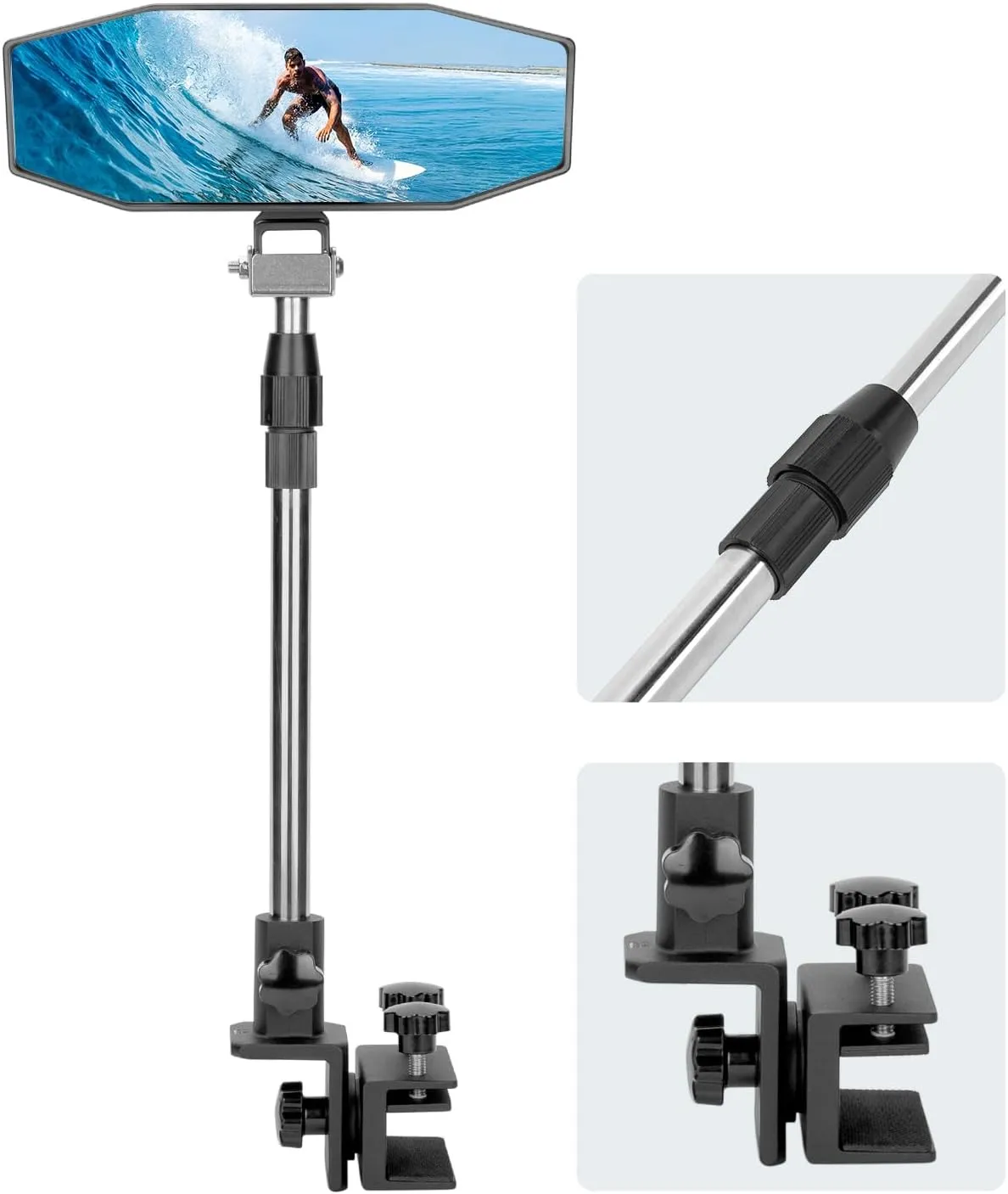 KEMIMOTO Boat Rear View Mirror with Telescoping Pole, 10.5“ x 4” 360° Adjustable Marine Mirror for Pontoon, Ski Boats Water Skiing