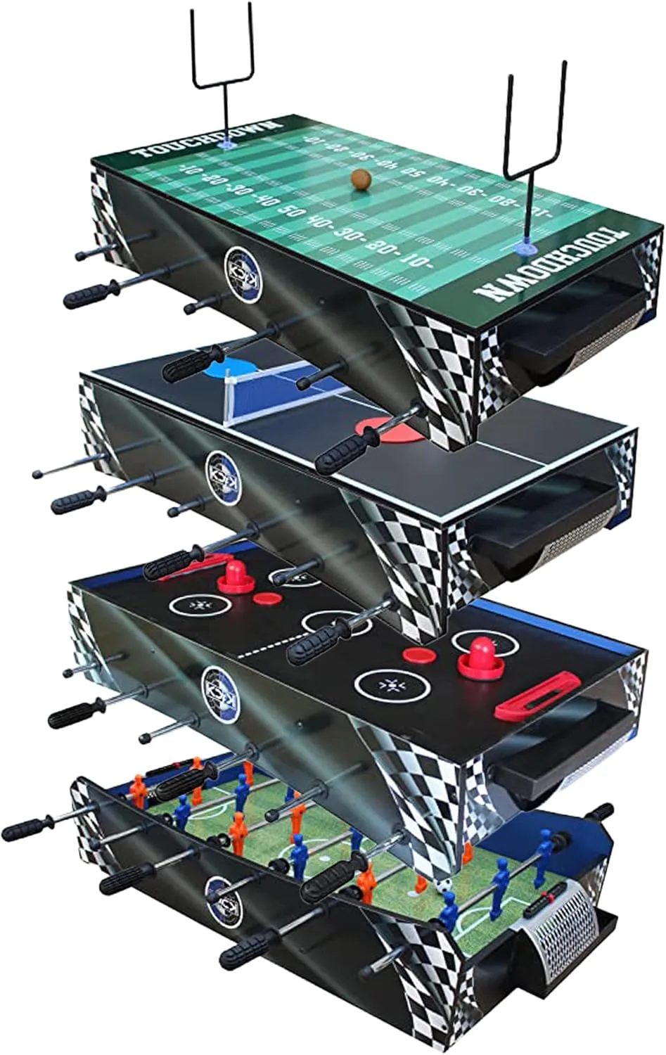 KICK Convoy 40″ 4-in-1 Mini Tabletop (Blue) - Combo Game Table Set for Playroom, Kids, Children - Foosball, American Football, Push-Hockey and Table Tennis