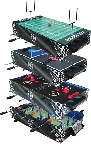 KICK Convoy 40″ 4-in-1 Mini Tabletop (Blue) - Combo Game Table Set for Playroom, Kids, Children - Foosball, American Football, Push-Hockey and Table Tennis
