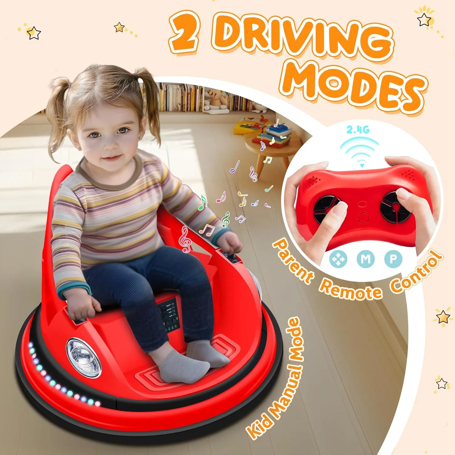 Kids Bumper car, 12V Battery Powered w/Music, Light, Ages 37-96 Months,Red