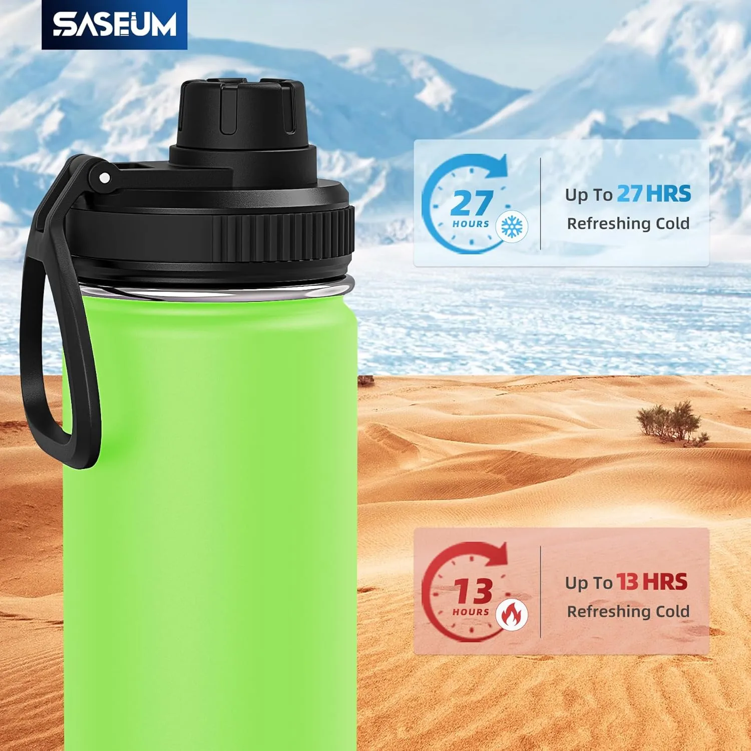 Kids Sport Water Bottle 16oz Stainless Steel Double Wall Vacuum Thermal Mug with Leak Proof Spout Lids, Wide Mouth Metal Insulated Water Jug for Gym and Travel（Apple Green）