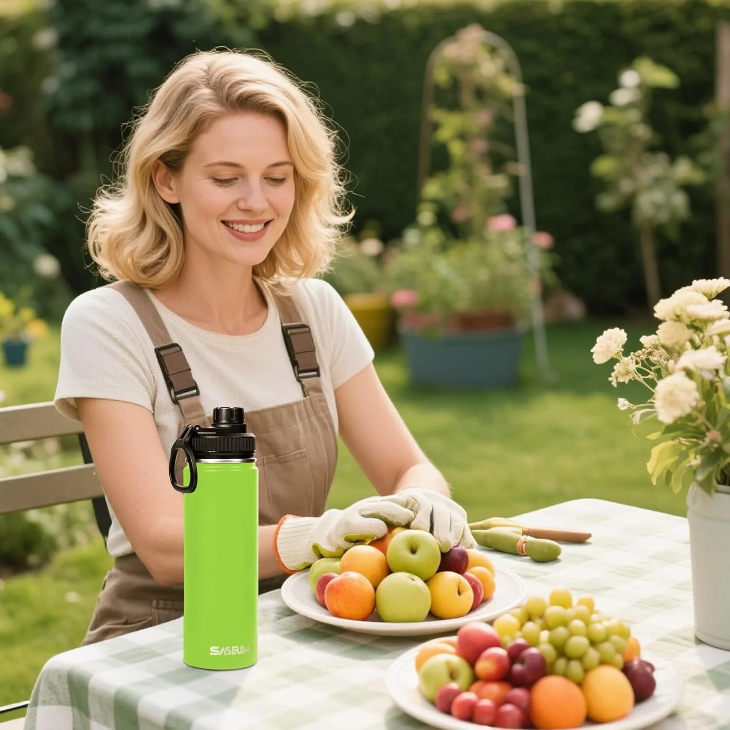 Kids Sport Water Bottle 16oz Stainless Steel Double Wall Vacuum Thermal Mug with Leak Proof Spout Lids, Wide Mouth Metal Insulated Water Jug for Gym and Travel（Apple Green）