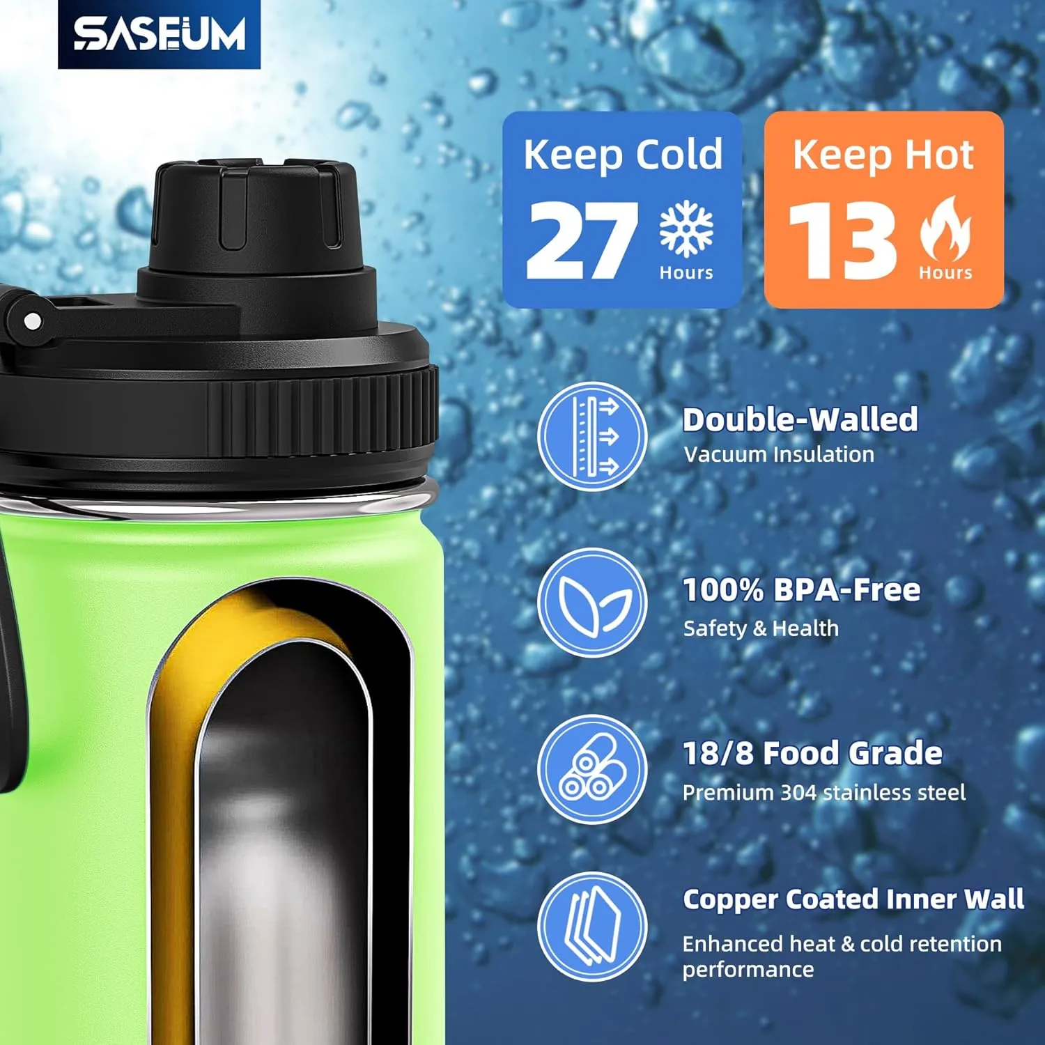 Kids Sport Water Bottle 16oz Stainless Steel Double Wall Vacuum Thermal Mug with Leak Proof Spout Lids, Wide Mouth Metal Insulated Water Jug for Gym and Travel（Apple Green）