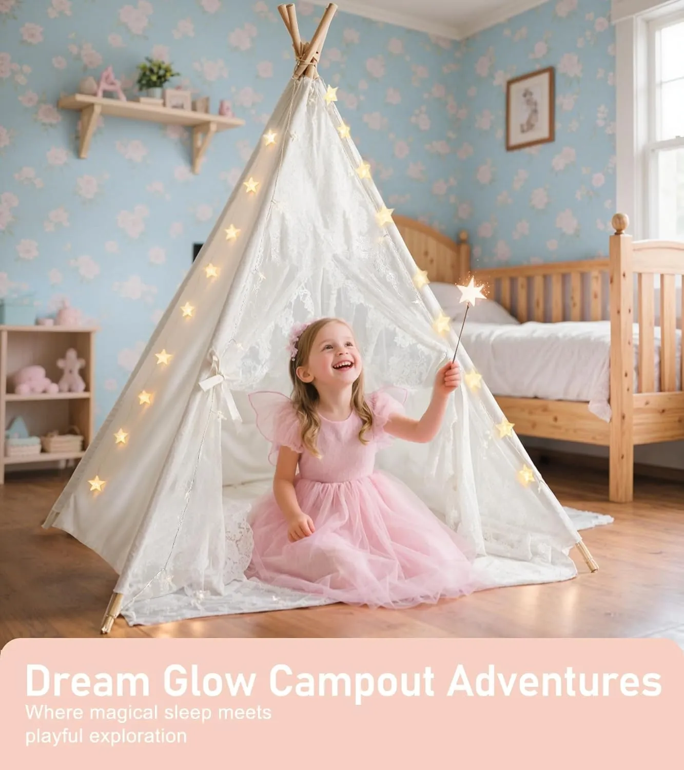Kids Teepee Tent with Starry Lights, Ground Mat and Pockets, Teepee Tent for Kids Indoor & Outdoor Use, Foldable Play Tents for Boys & Girls, Washable Toddler Playhouse for Birthdays & Holidays