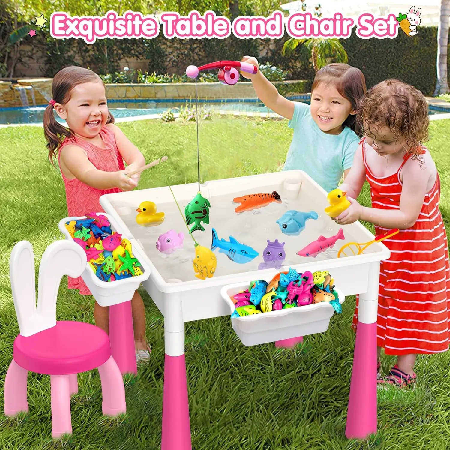Kids Toddler Table and Chair Set: Water Activity Table With 152Pcs Large Marble Run Building Blocks, 2 Rabbit Chairs, Storage All in One Play Sensory Sand Table - 3-10 Year Old Girl Toys Gifts