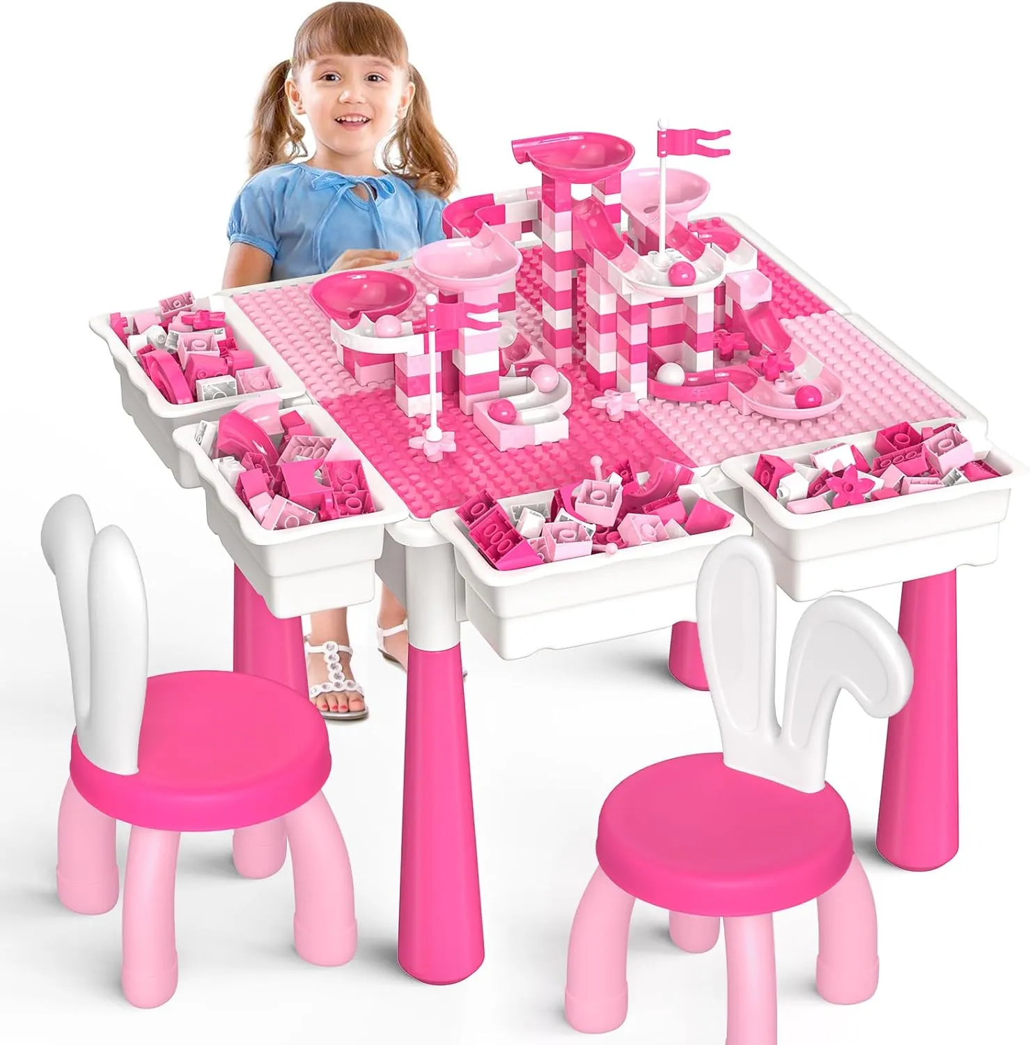 Kids Toddler Table and Chair Set: Water Activity Table With 152Pcs Large Marble Run Building Blocks, 2 Rabbit Chairs, Storage All in One Play Sensory Sand Table - 3-10 Year Old Girl Toys Gifts