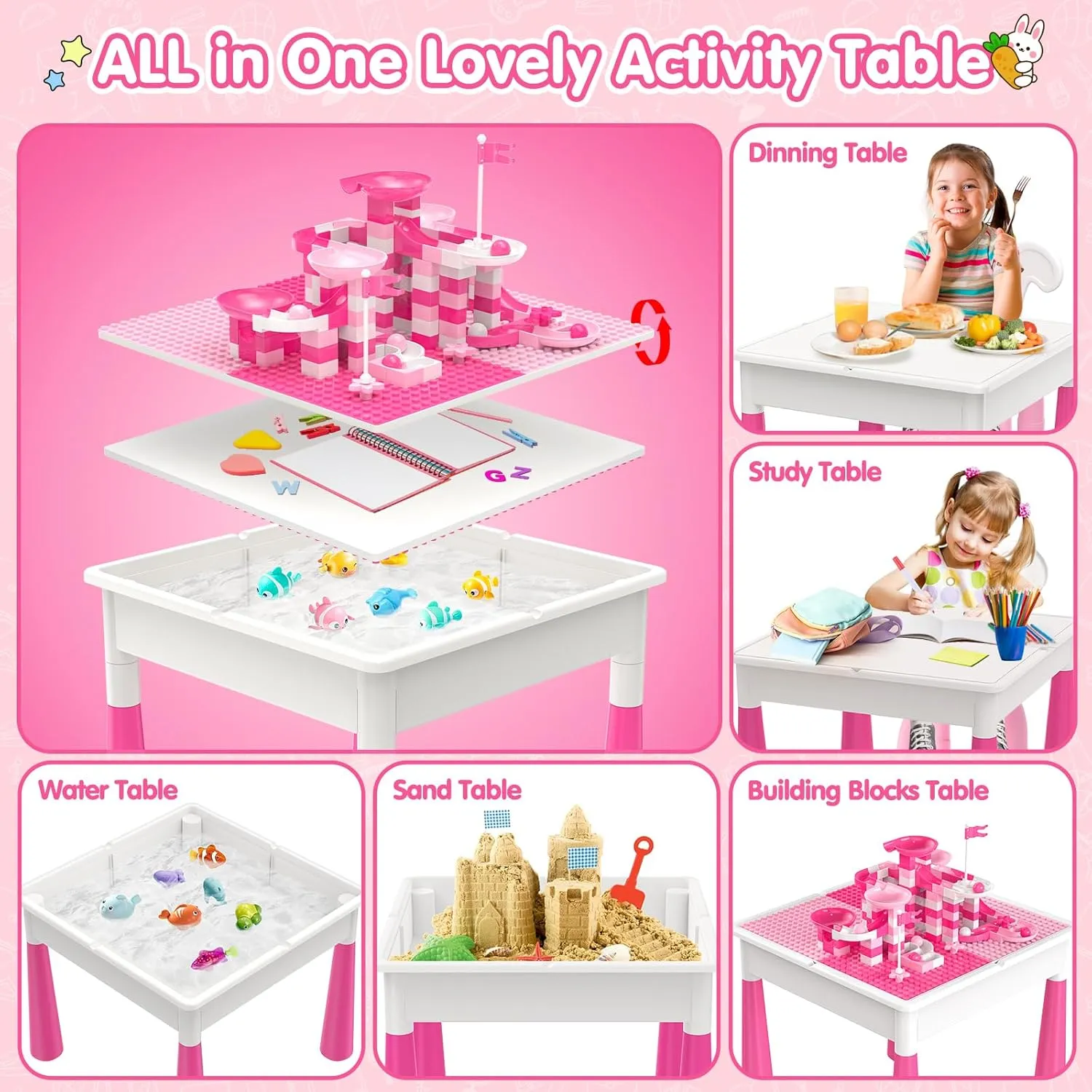 Kids Toddler Table and Chair Set: Water Activity Table With 152Pcs Large Marble Run Building Blocks, 2 Rabbit Chairs, Storage All in One Play Sensory Sand Table - 3-10 Year Old Girl Toys Gifts