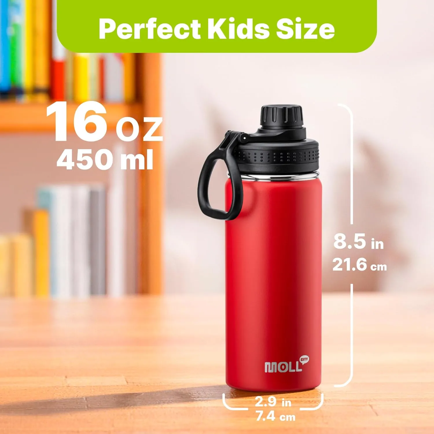 Kids Water Bottle for School 16 oz Stainless Steel Double Wall Vacuum Insulated Sports Water Bottle Leak Proof-Reusable Metal Flask with Silicone Boot for Travel, BPA-Free(Canyon Red)