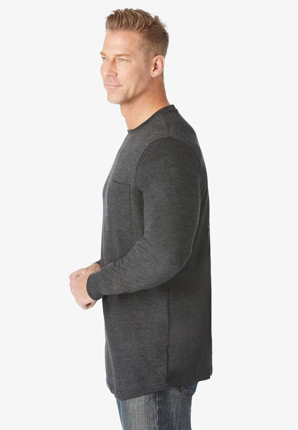 KingSize Men's Big & Tall Shrink-Less Lightweight Long-Sleeve Crewneck Pocket T-Shirt