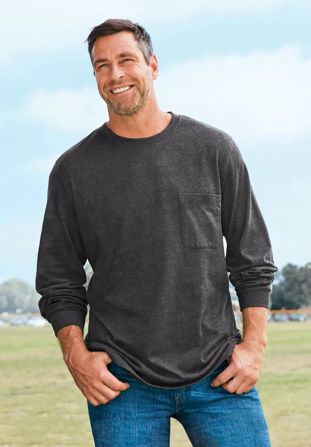 KingSize Men's Big & Tall Shrink-Less Lightweight Long-Sleeve Crewneck Pocket T-Shirt