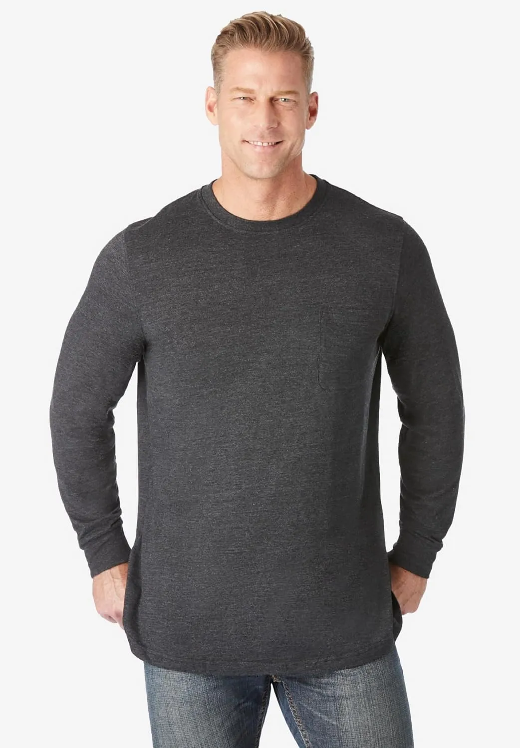 KingSize Men's Big & Tall Shrink-Less Lightweight Long-Sleeve Crewneck Pocket T-Shirt