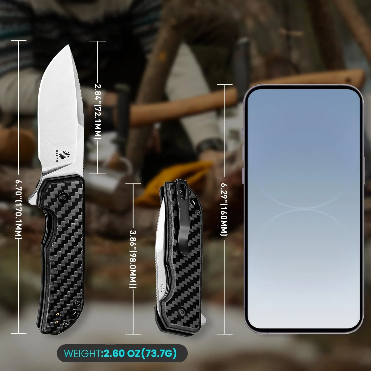 Kizer Nice Guy Pocket Folding Knife, 2.84" 154CM Blade, Lightweight Sharp Camping and Hiking Knife, G10 Carbon Fiber Handle, Liner Lock Flipper Knives V3011C1