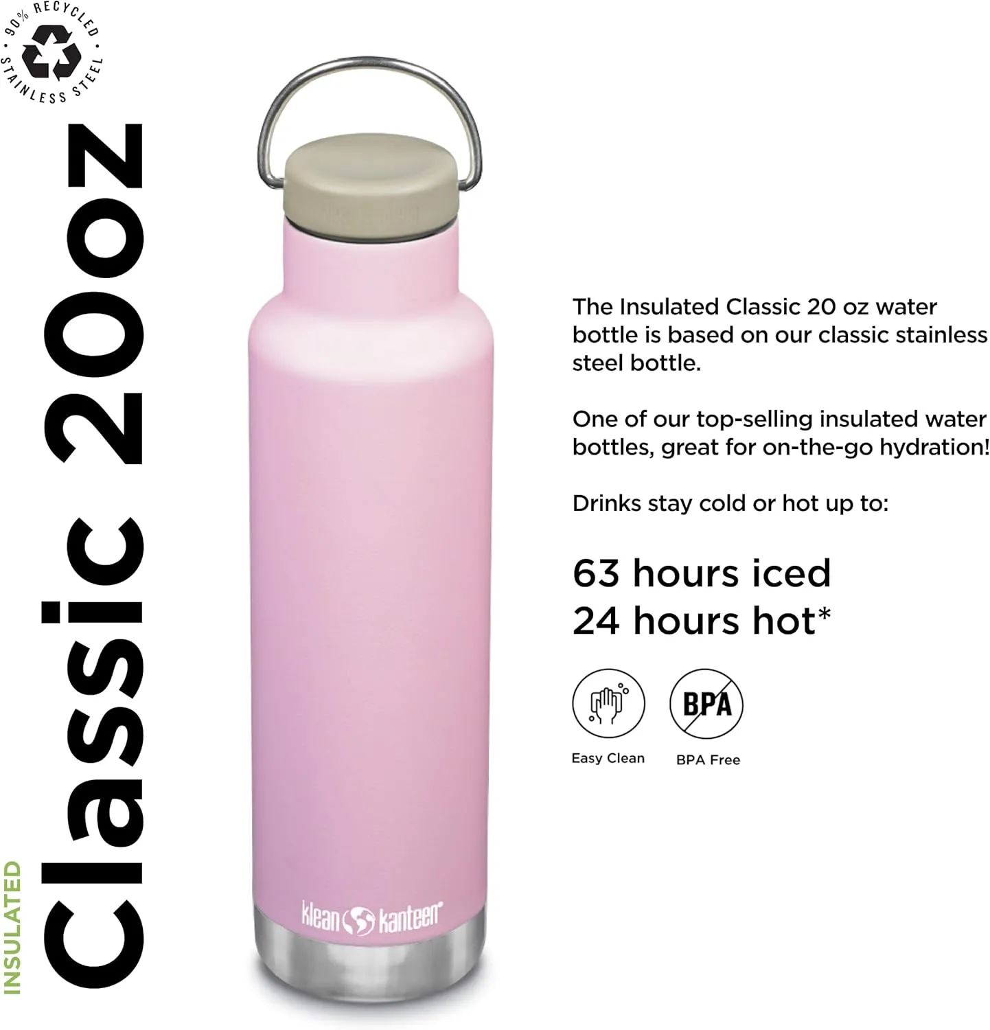 Klean Kanteen Classic Insulated Water Bottle with Loop Cap - Stainless Steel Drinking Bottle for Hot & Cold Beverages - Dishwasher-Safe Travel Bottle - Lotus, 20 oz