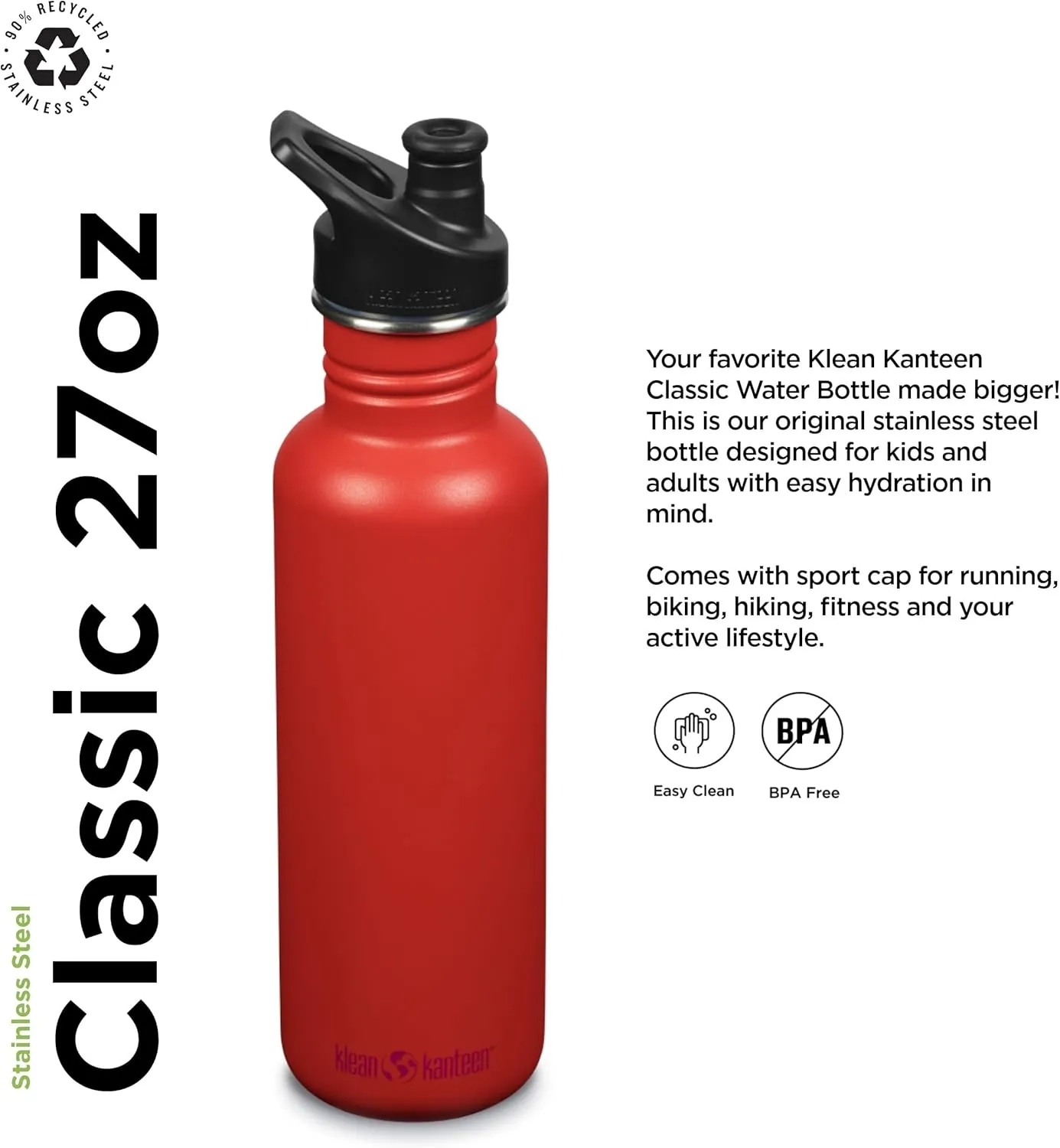 Klean Kanteen Classic Water Bottle with Sport Cap - Reusable Water Bottle for Hiking, Biking & Gym - Dishwasher-Safe & BPA-Free - Tiger Lily, 27 oz