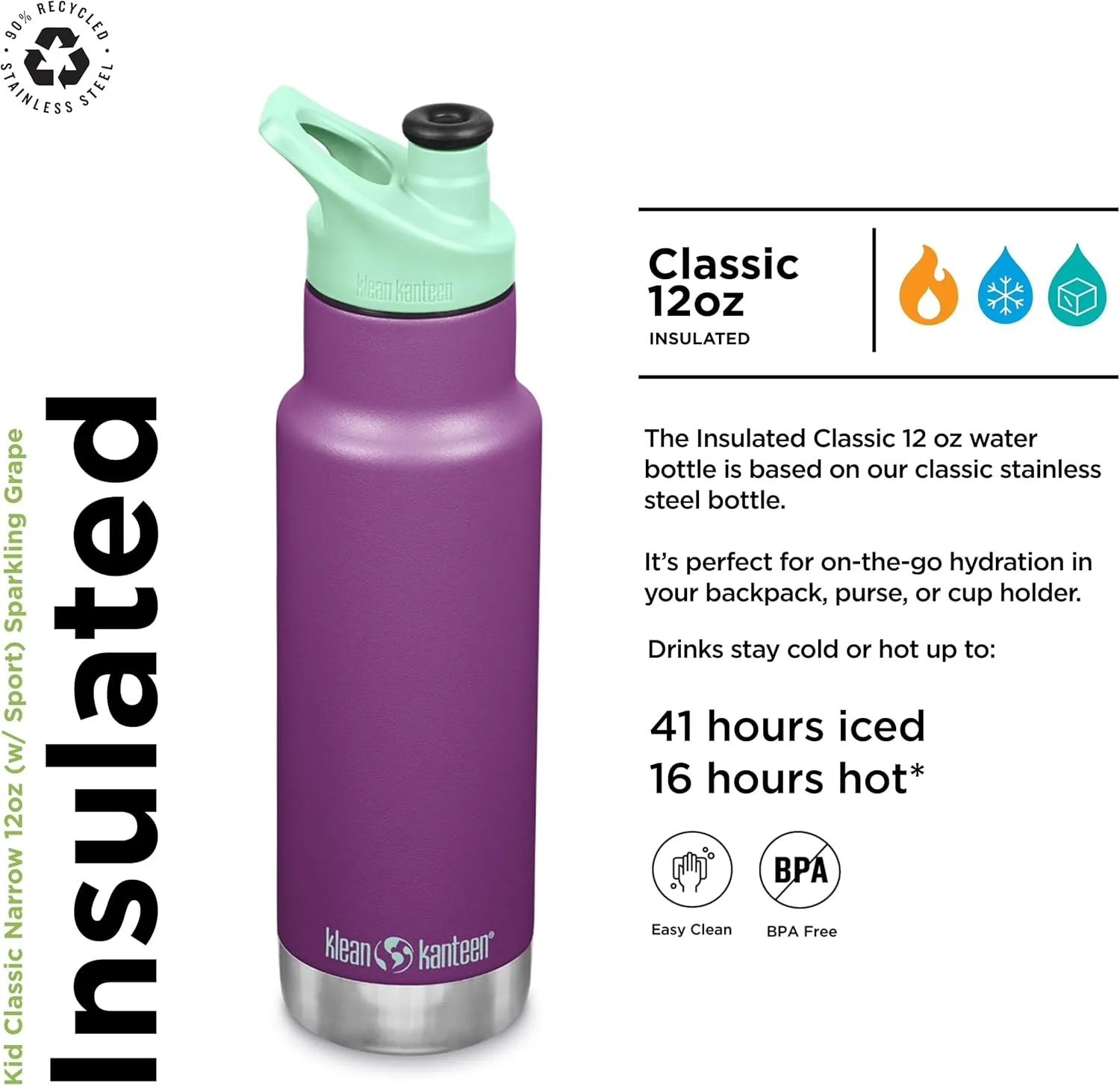 KLEAN KANTEEN Sparkling Grape Sport Cap with Classic Kids Bottle 12oz, 1 EA