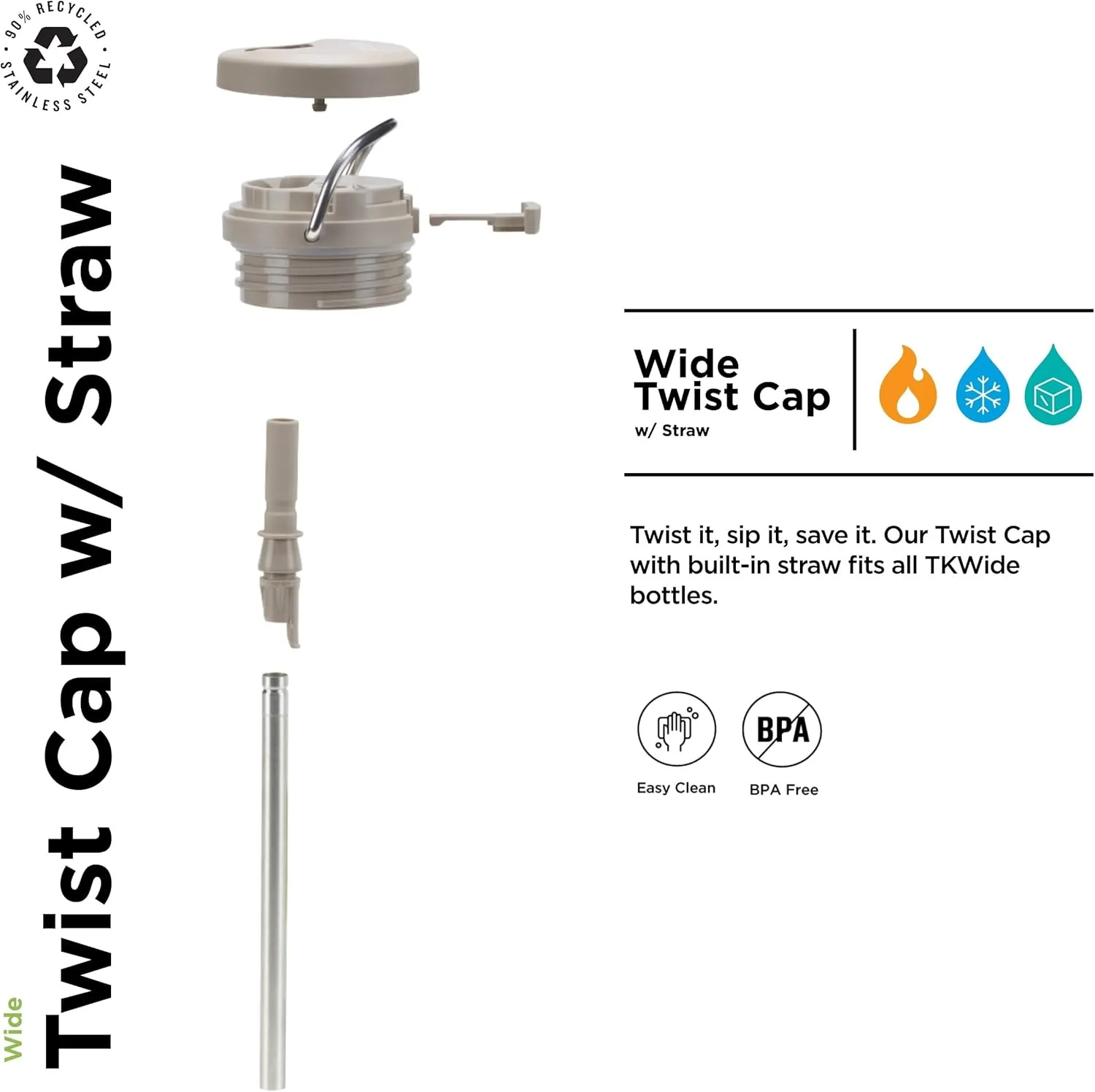 Klean Kanteen TKWide Twist Cap with Straw Kit - Reusable Straw Lid - Premium Water Bottle Accessories - Leak Proof & Dishwasher Safe