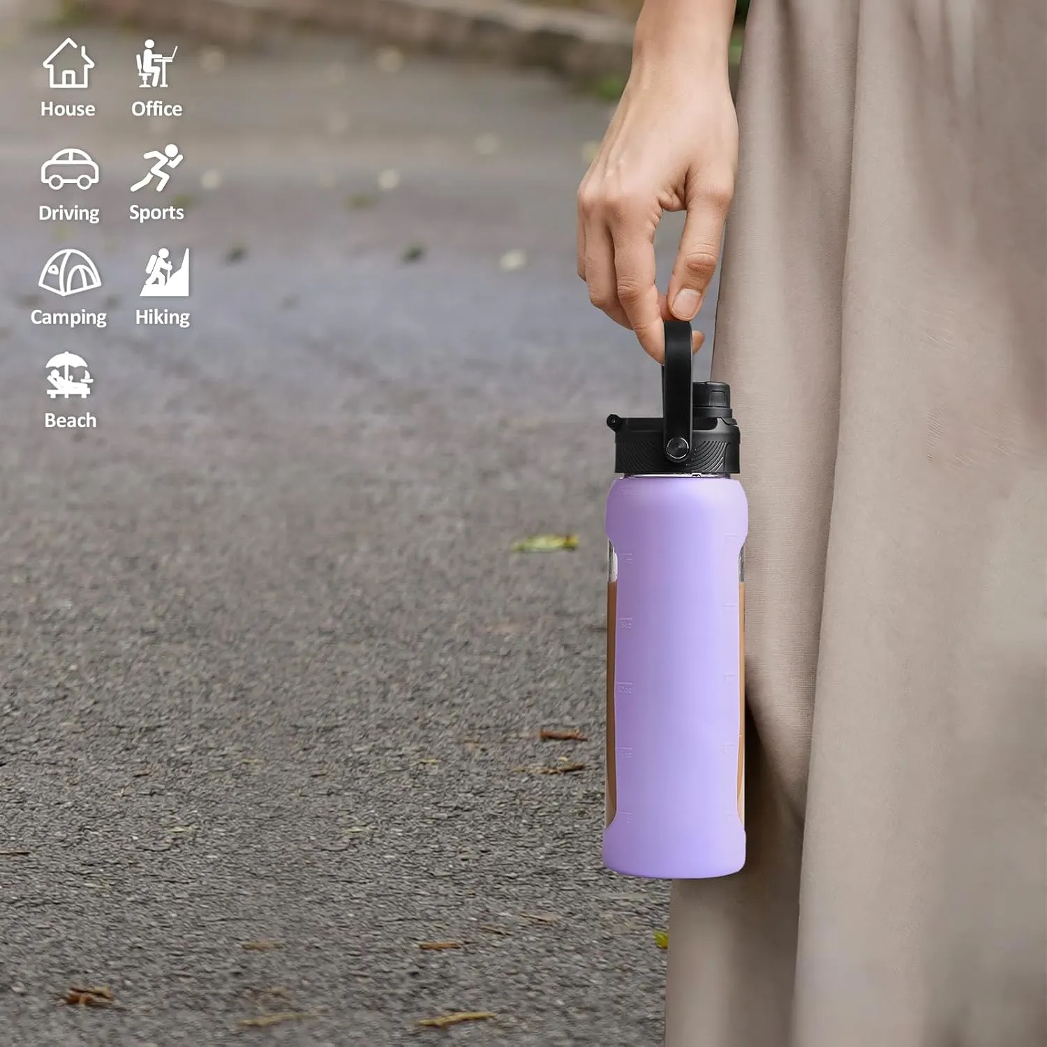 Kodrine Water Bottle with Straw, 24 oz Glass water Bottle with 2 Lids Bamboo Straw Lid and Spout Lid with Handle, 32 oz Clear Water Bottle Glass for Sports Travel, Waterbottle with Time Marker