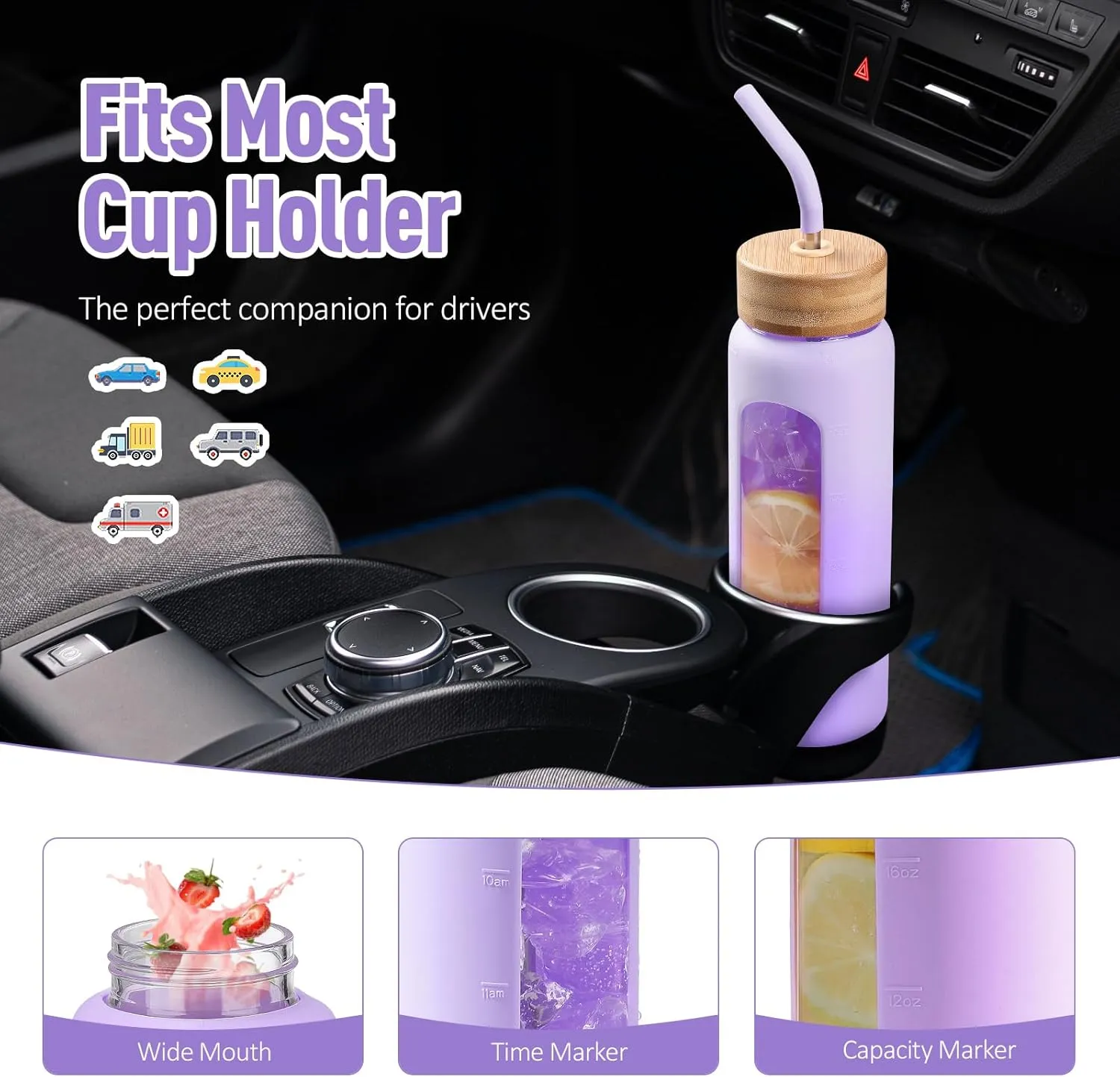 Kodrine Water Bottle with Straw, 24 oz Glass water Bottle with 2 Lids Bamboo Straw Lid and Spout Lid with Handle, 32 oz Clear Water Bottle Glass for Sports Travel, Waterbottle with Time Marker