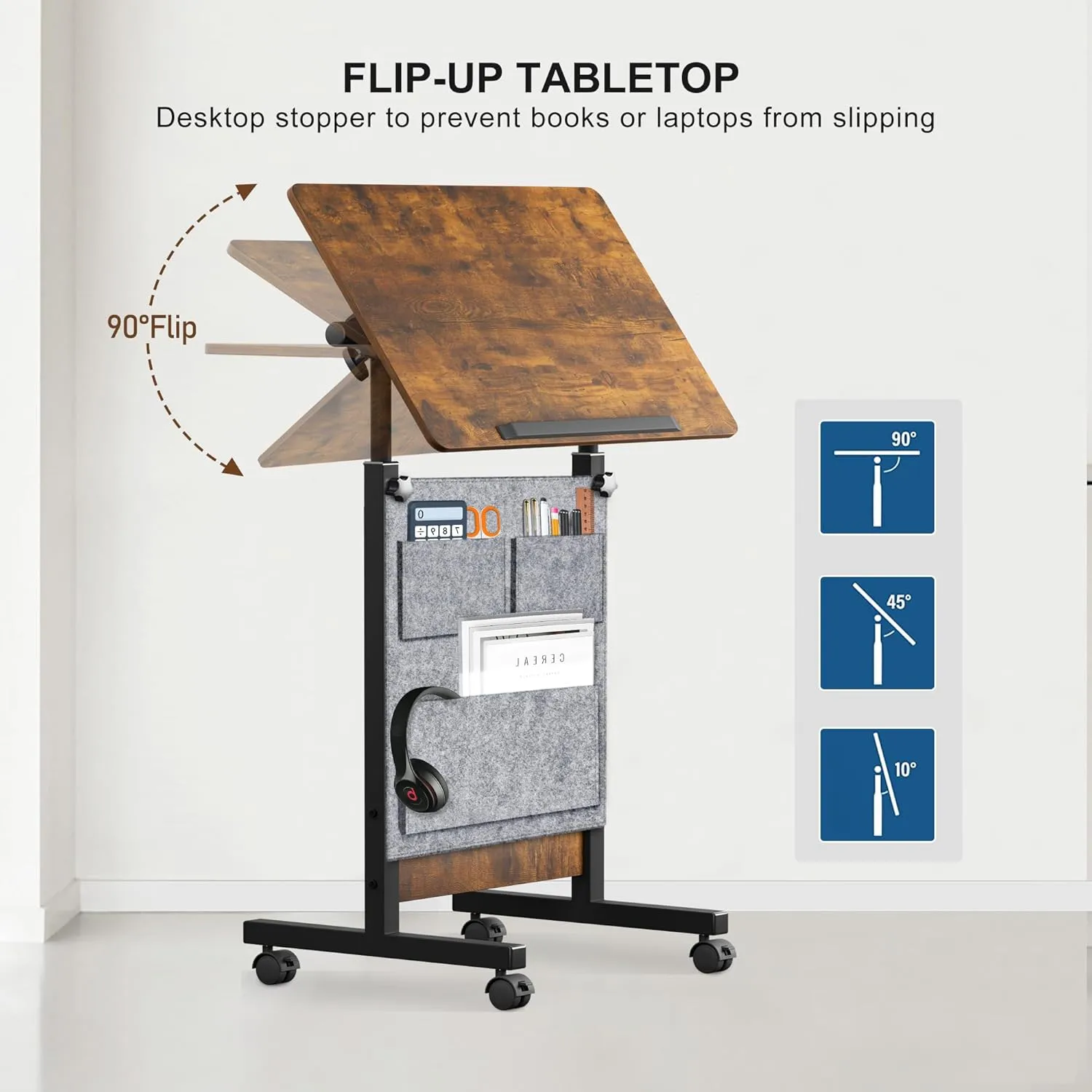 KOUPA Height Adjustable Standing Desk with Storage Bag widths16 in Length 24 in, Portable Rolling Mobile Stand Up Table with Wheels, 360 Degree Flip Laptop Computer Desk for Home Office, Rustic Brown