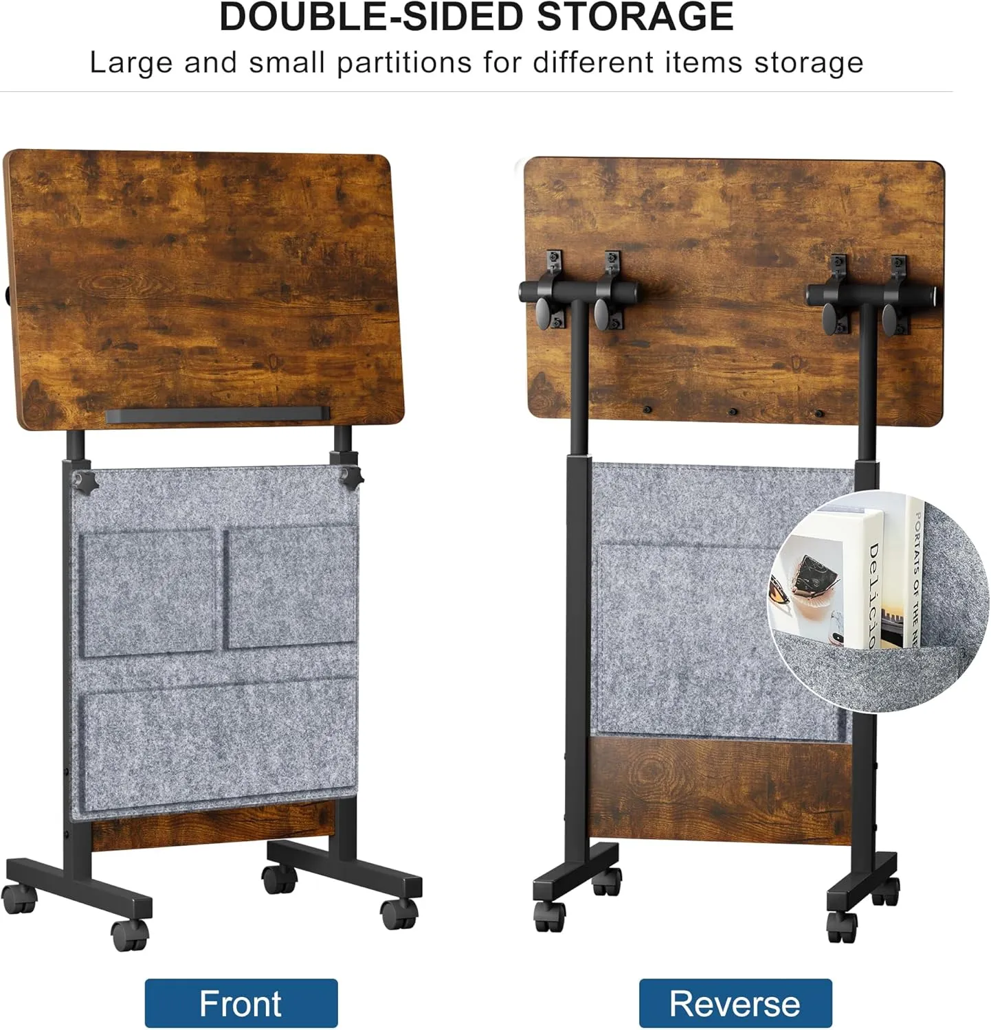 KOUPA Height Adjustable Standing Desk with Storage Bag widths16 in Length 24 in, Portable Rolling Mobile Stand Up Table with Wheels, 360 Degree Flip Laptop Computer Desk for Home Office, Rustic Brown
