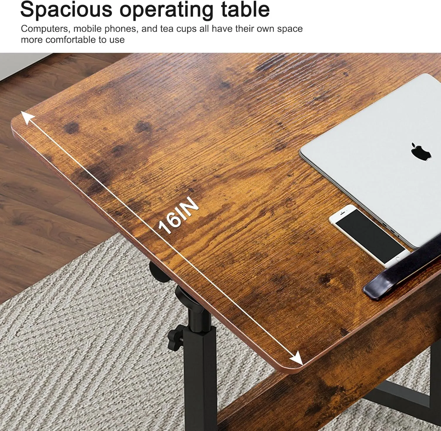 KOUPA Height Adjustable Standing Desk with Storage Bag widths16 in Length 24 in, Portable Rolling Mobile Stand Up Table with Wheels, 360 Degree Flip Laptop Computer Desk for Home Office, Rustic Brown