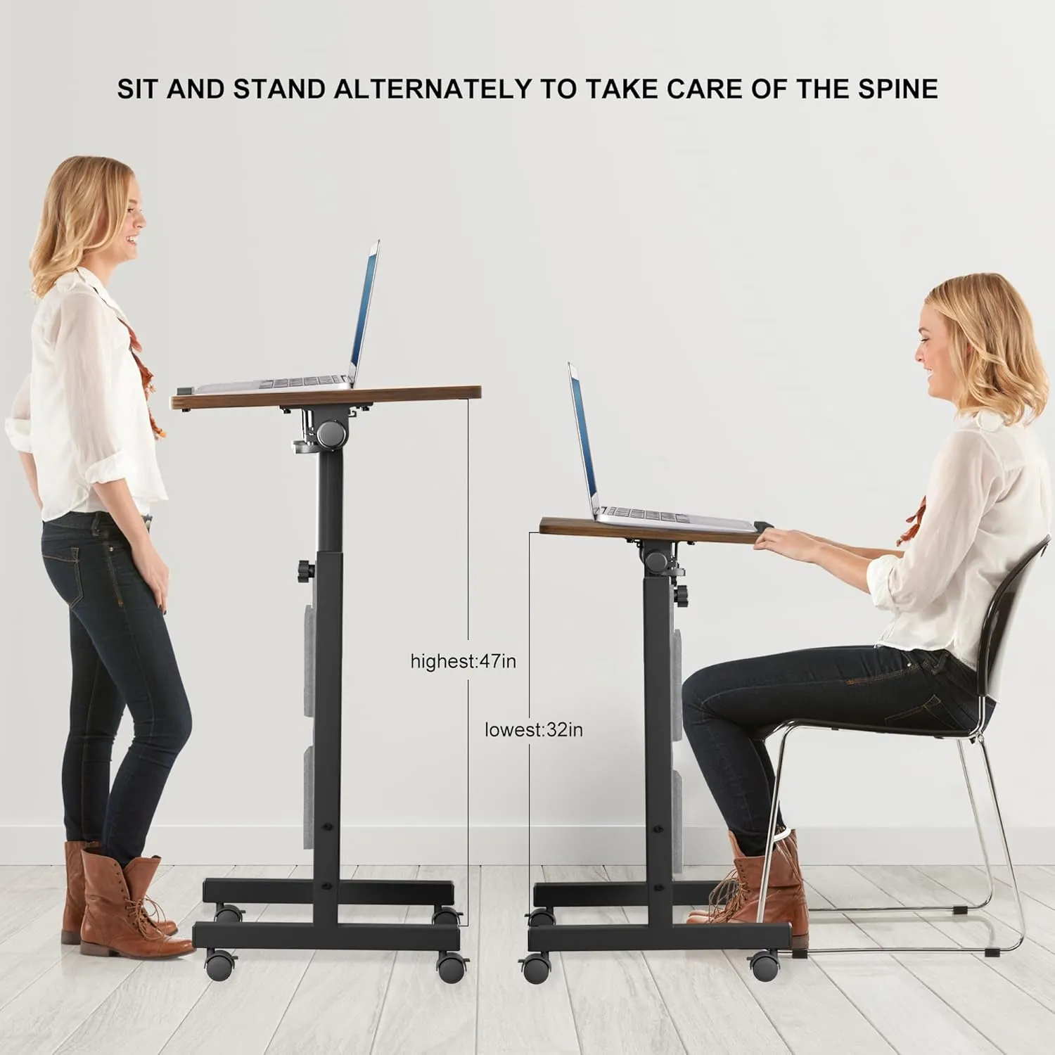 KOUPA Height Adjustable Standing Desk with Storage Bag widths16 in Length 24 in, Portable Rolling Mobile Stand Up Table with Wheels, 360 Degree Flip Laptop Computer Desk for Home Office, Rustic Brown