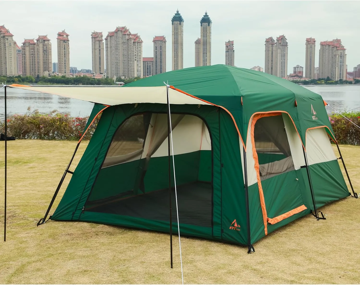 KTT Extra Large Tent 10-12-14 Person(Style-B),Family Cabin Tents,2 Rooms,3 Doors and 3 Windows with Mesh,Straight Wall,Waterproof,Double Layer,Big Tent for Outdoor,Picnic,Camping,Family Gathering