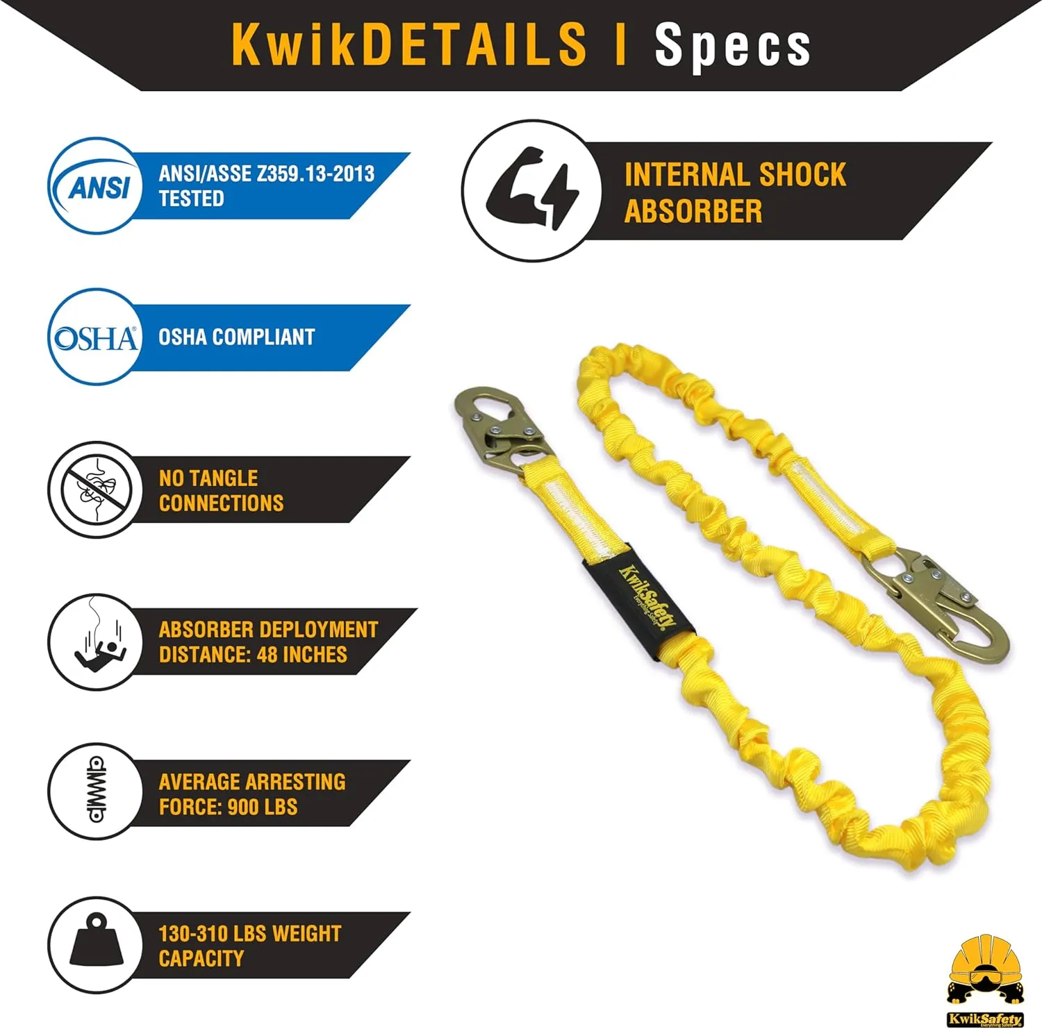 KwikSafety - Charlotte, NC - Rattler [1 Pack] Internal Shock Absorber Single Leg 6ft Safety Lanyard OSHA ANSI Fall Arrest Protection Equipment Snap Hooks Construction Arborist Roofing