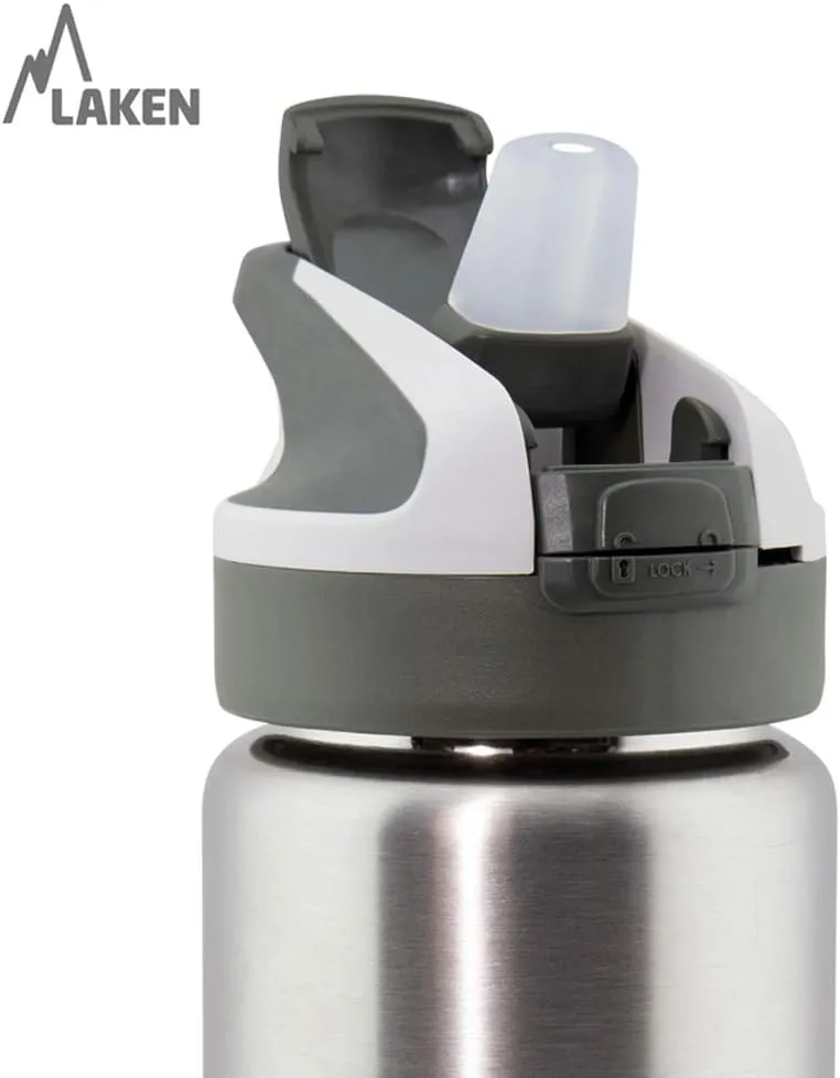 Laken Summit Stainless Steel Insulated Water Bottle with Sport Straw Cap and Lock, Leakproof, 25oz, Plain