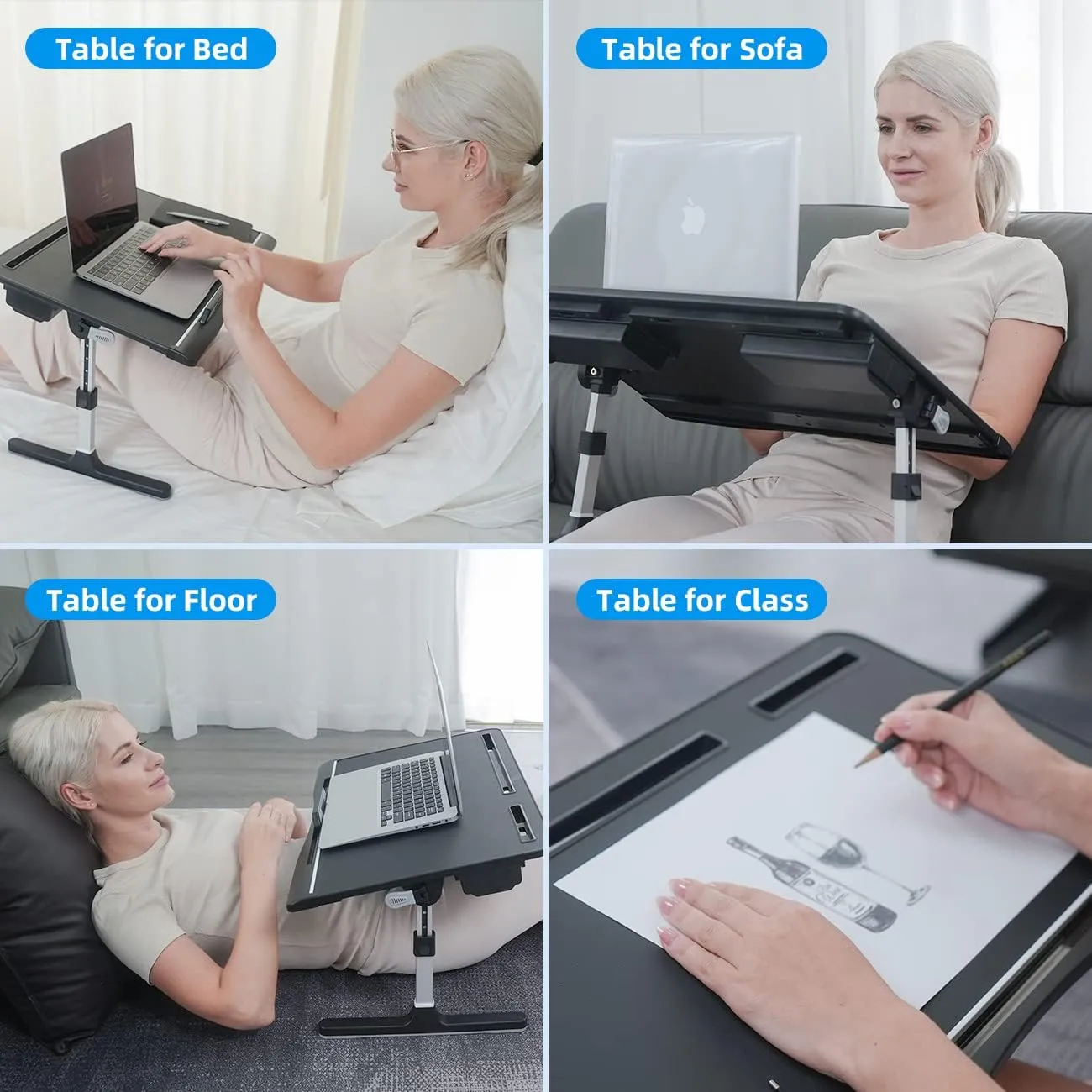 Laptop Bed Tray Table [Luxury PVC Leather], Adjustable Laptop Desk for Bed, Foldable Lap Desk for Laptop with 2 Drawers, Multifunctional Table for Working, Eating, Writing, Gaming, Drawing
