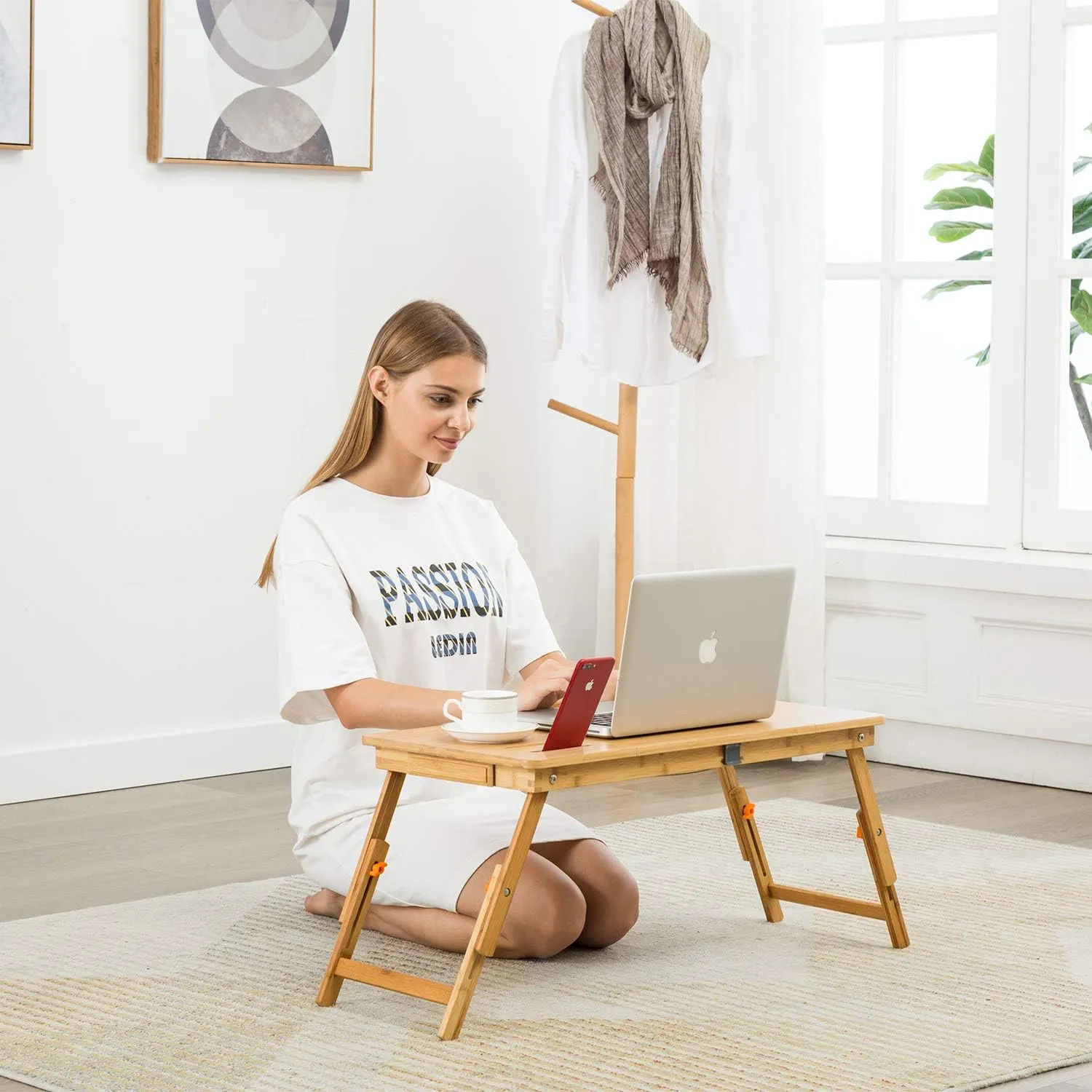 Laptop Desk Nnewvante Bamboo Laptop Table Adjustable Lap Tray Bed Serving Tray Breakfast Table Foldable Coffee Tea Table 5 Tilting Top Angles 4 Latches Large Size 27.95" x 13.8"
