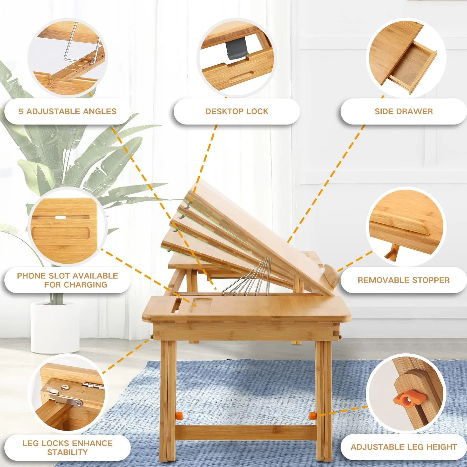 Laptop Desk Nnewvante Bamboo Laptop Table Adjustable Lap Tray Bed Serving Tray Breakfast Table Foldable Coffee Tea Table 5 Tilting Top Angles 4 Latches Large Size 27.95" x 13.8"