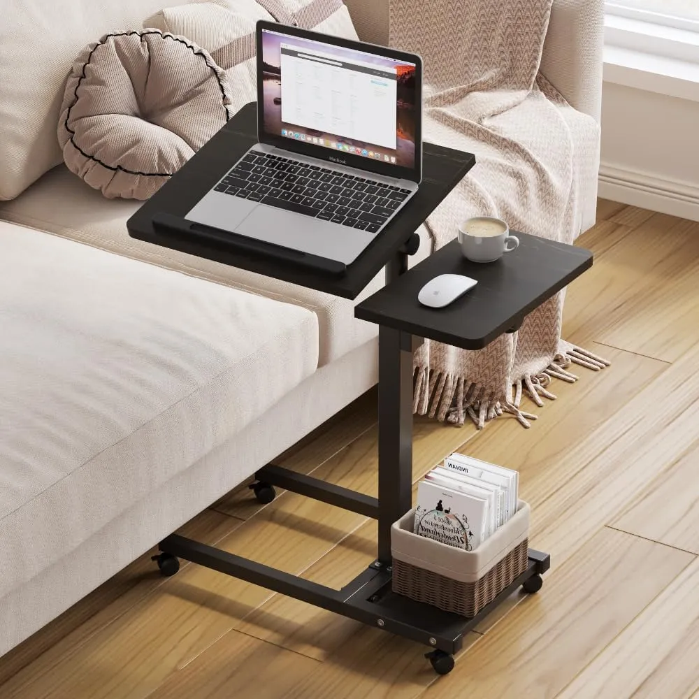Laptop Desk Stand for Bed Portable Desk Overbed Bedside Table Mobile Rolling Foldable Table Adjustable Height with Locked Wheels & Mouse Pad Office Sofa