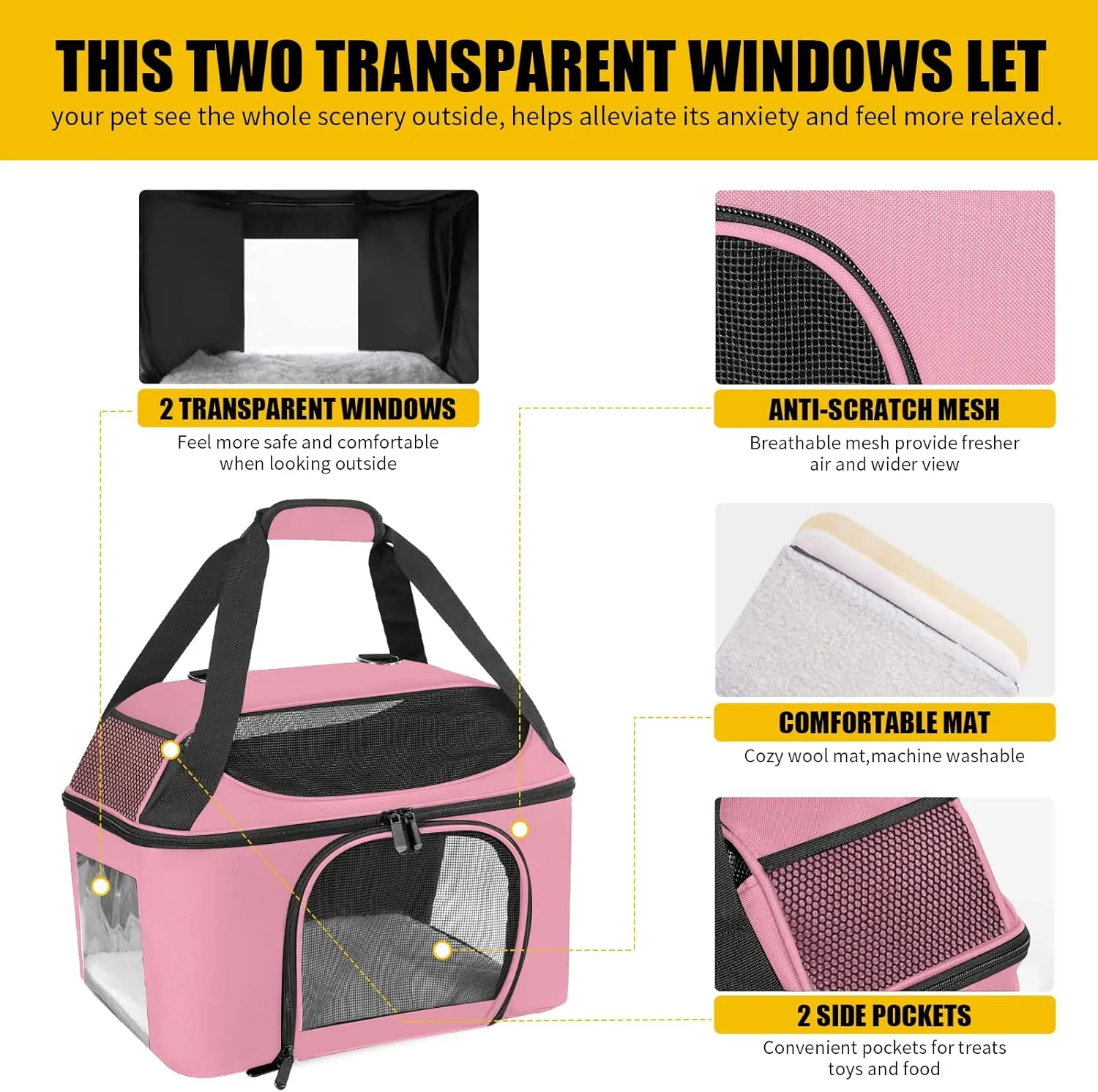 Large Cat Carrier for 2 Cats Soft Side Pet Carrier for Puppy Kitten, Collapsible Travel Small Dog Carriers, TSA Airline Approved Cat Carrier for Large Cats 20 lbs-Pink