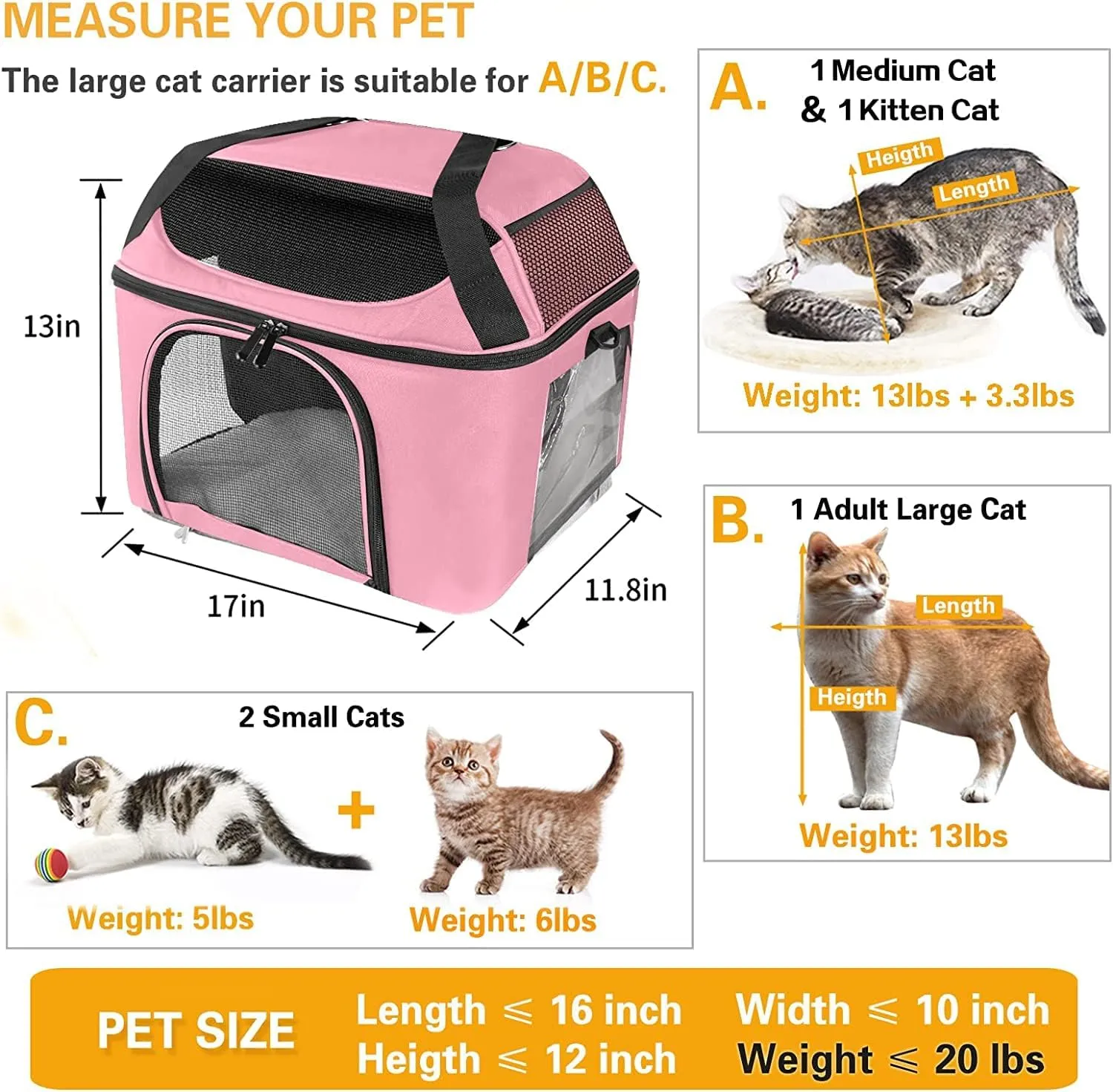 Large Cat Carrier for 2 Cats Soft Side Pet Carrier for Puppy Kitten, Collapsible Travel Small Dog Carriers, TSA Airline Approved Cat Carrier for Large Cats 20 lbs-Pink
