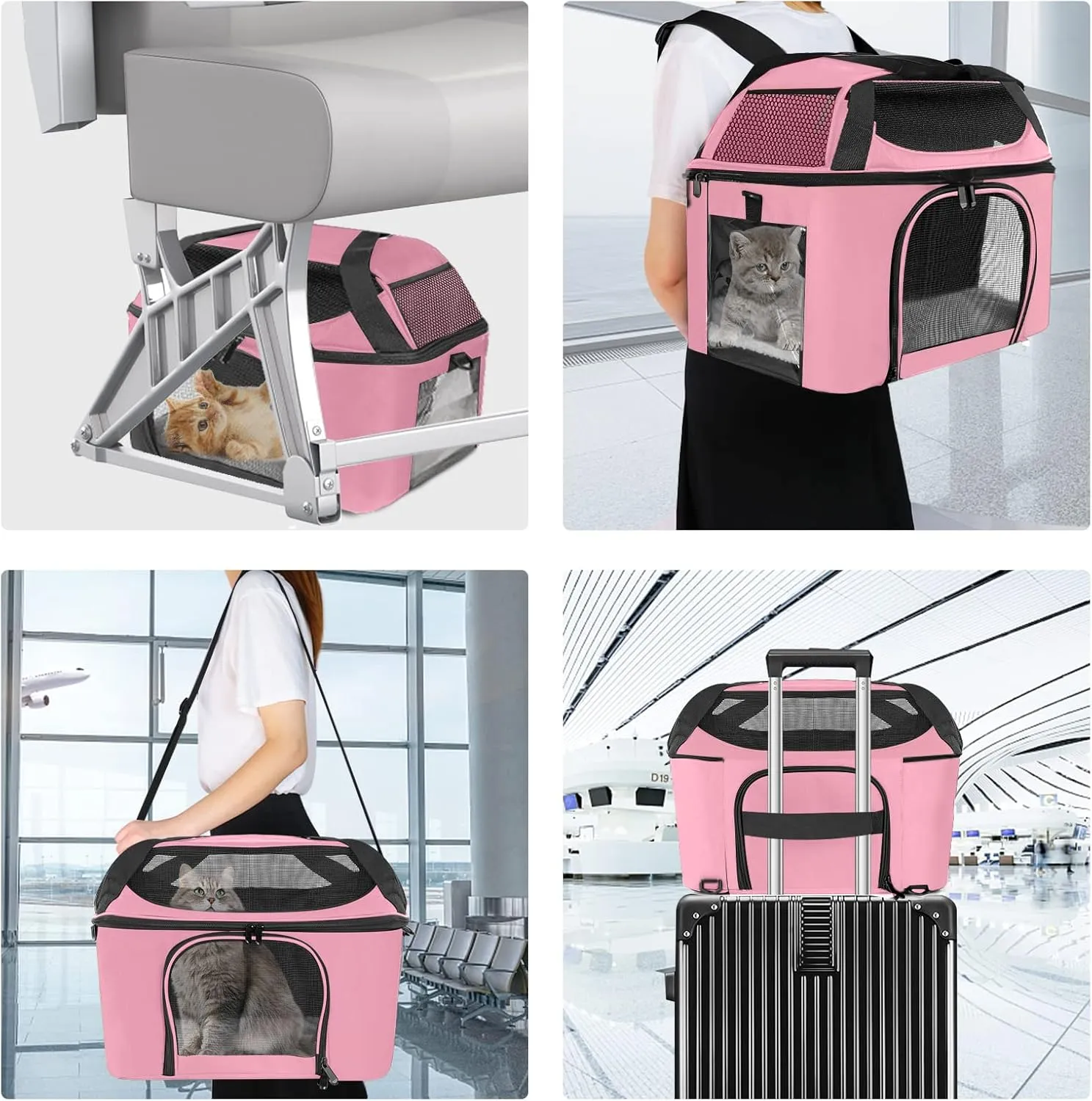 Large Cat Carrier for 2 Cats Soft Side Pet Carrier for Puppy Kitten, Collapsible Travel Small Dog Carriers, TSA Airline Approved Cat Carrier for Large Cats 20 lbs-Pink