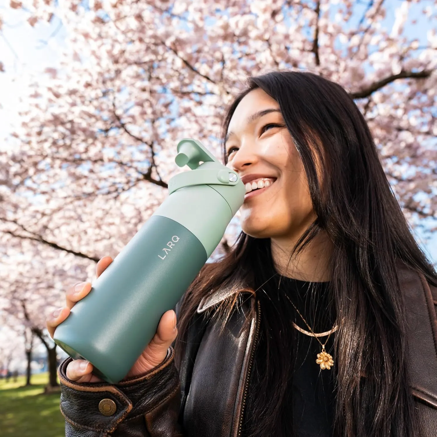 LARQ Bottle Swig Top 34oz - Insulated Stainless Steel Water Bottle With Built-In Silicone Handle | Thermos, BPA Free | Reusable Water Bottle for Sports, Gym, and Travel, Eucalyptus Green