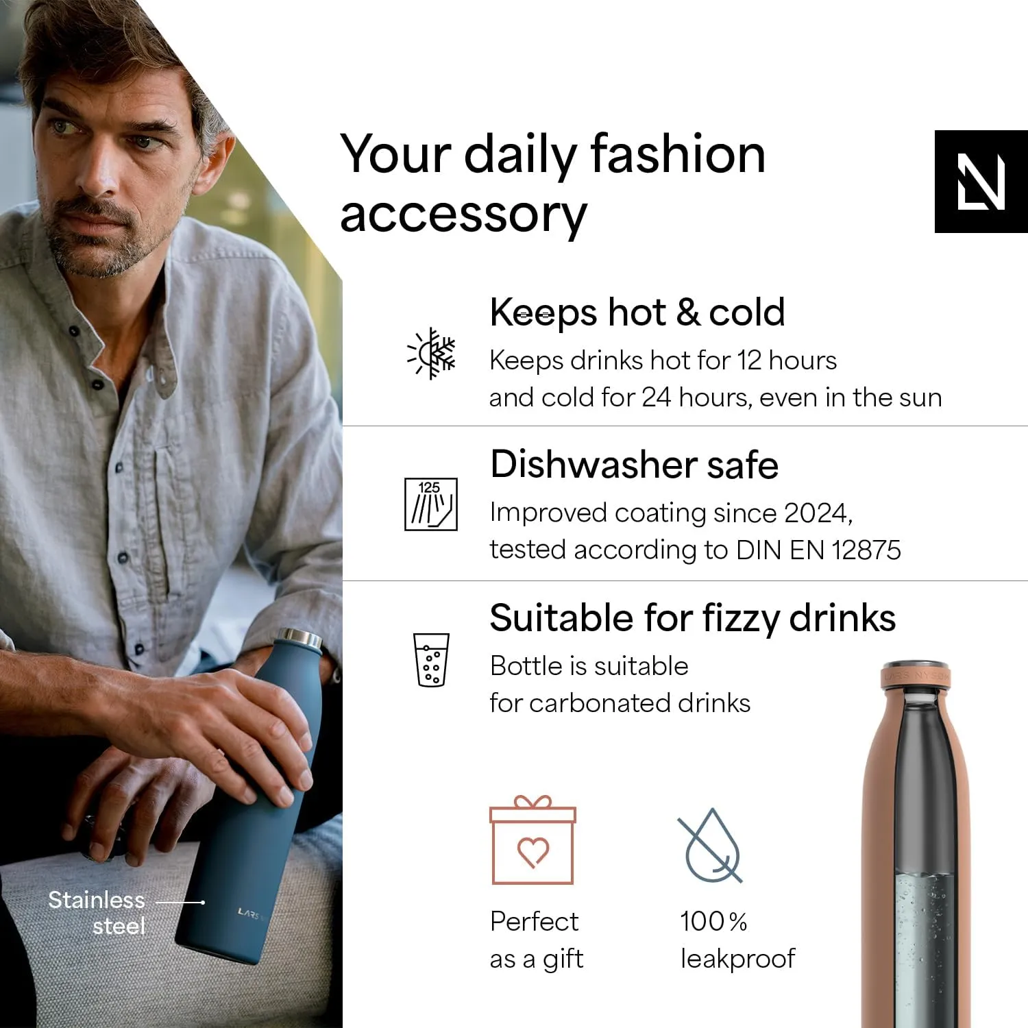 LARS NYSØM Stainless Steel Insulated Water Bottle 12 oz 17 oz 25 oz 34 oz 51 oz | Insulated Thermo Flask for Hot and Cold Beverages | Leakproof Drinking Bottle (Blush Rose, 33.8 oz)