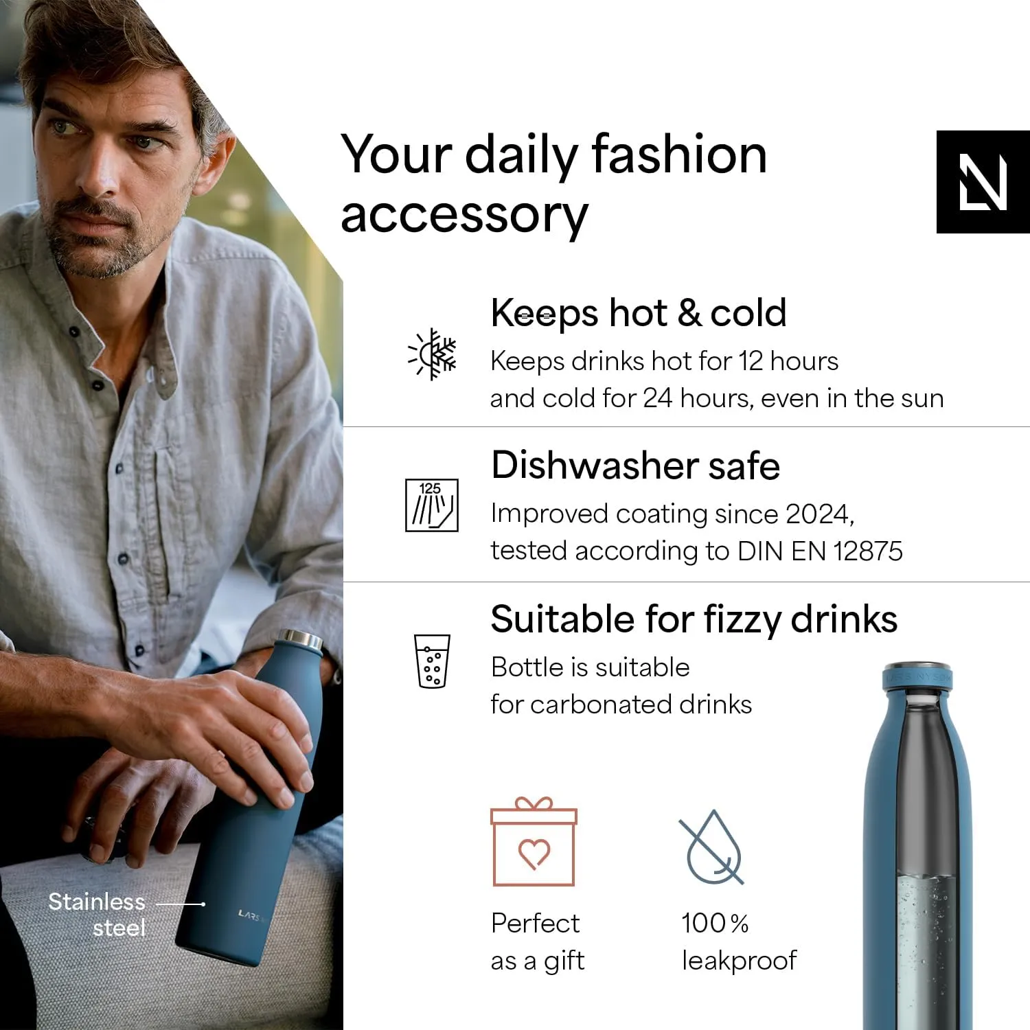 LARS NYSØM Stainless Steel Insulated Water Bottle 12 oz 17 oz 25 oz 34 oz 51 oz | Insulated Thermo Flask for Hot and Cold Beverages | Leakproof Drinking Bottle (Calypso Blue, 25.4 oz)