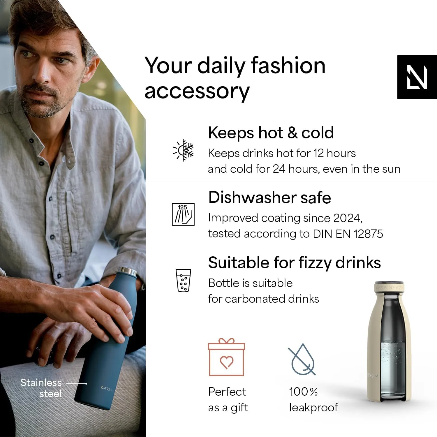 LARS NYSØM Stainless Steel Insulated Water Bottle 12oz 17oz 25oz 34oz 51oz | Insulated Thermo Flask for Hot and Cold Beverages | Leakproof Drinking Bottle (Almond Beige, 11.9oz)