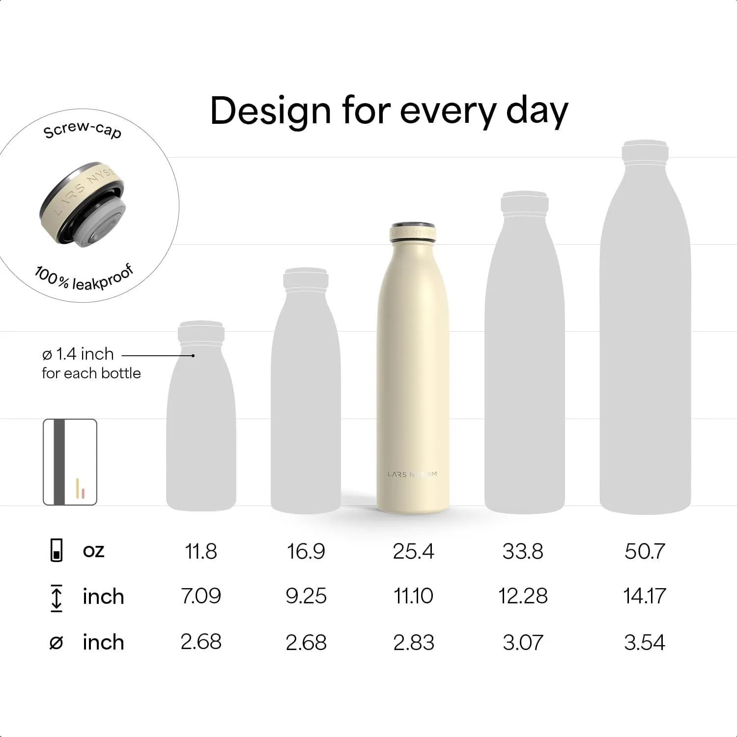 LARS NYSØM Stainless Steel Insulated Water Bottle 12oz 17oz 25oz 34oz 51oz | Insulated Thermo Flask for Hot and Cold Beverages | Leakproof Drinking Bottle (Carbon Black, 25.4oz)