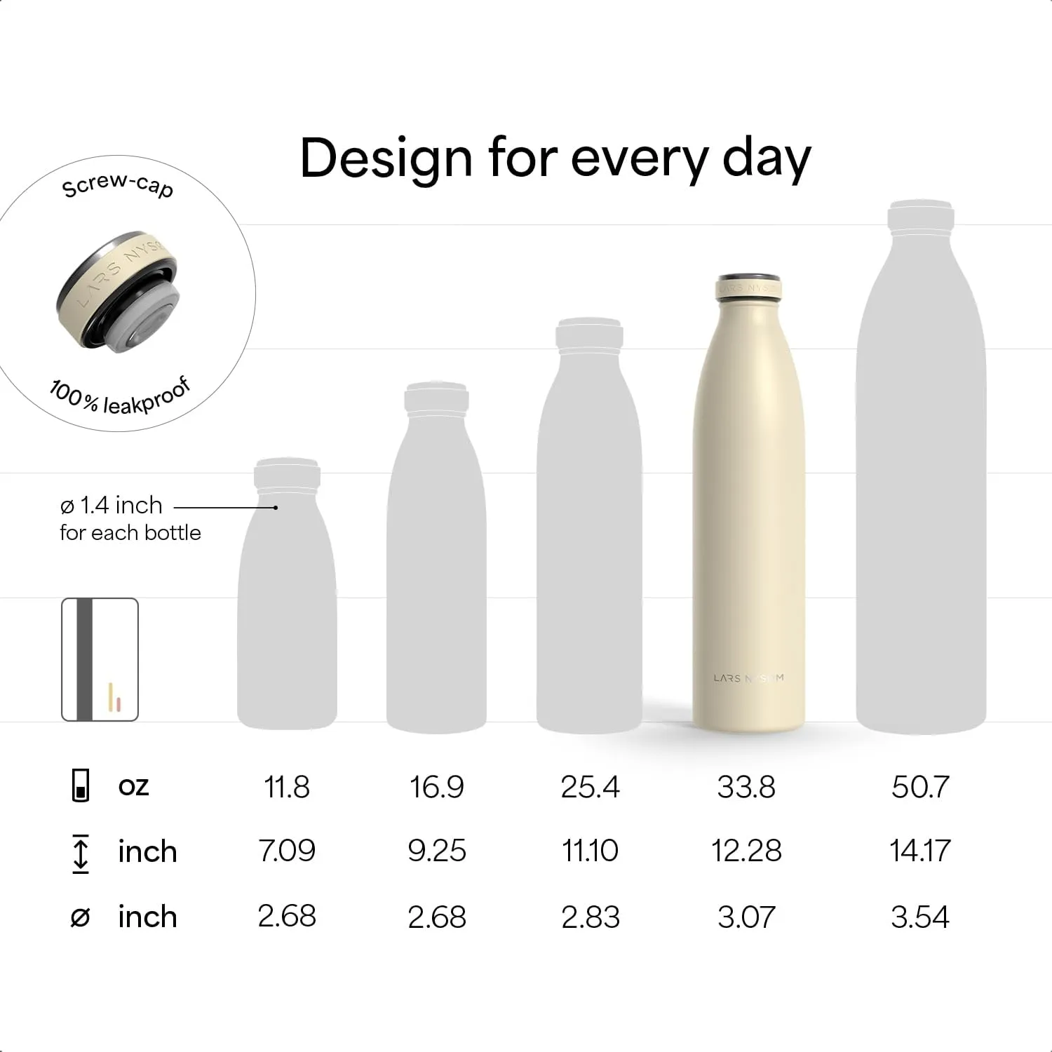 LARS NYSØM Stainless Steel Insulated Water Bottle 12oz 17oz 25oz 34oz 51oz | Insulated Thermo Flask for Hot and Cold Beverages | Leakproof Drinking Bottle (Stainless Steel, 33.9oz)