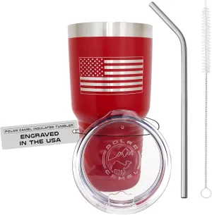 Laser Engraved American Flag Tumbler - Polar Camel, 30 Oz United States of America Flag with Stainless Steel Straw & Cleaner, Patriotic Tumblers for Men, Engraved USA Tumbler - Red